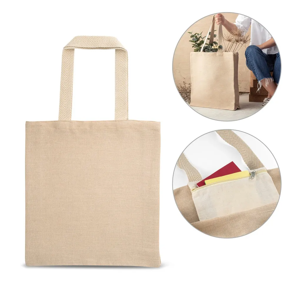 PADOVA. Saco de juco (275 g/m²) com bolso interior em 100% algodão (120 g/m²)