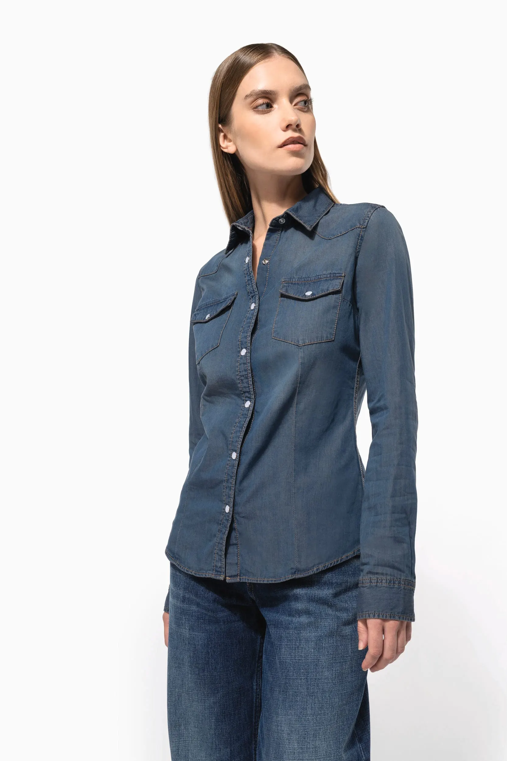 Camisa denim manga larga mujer