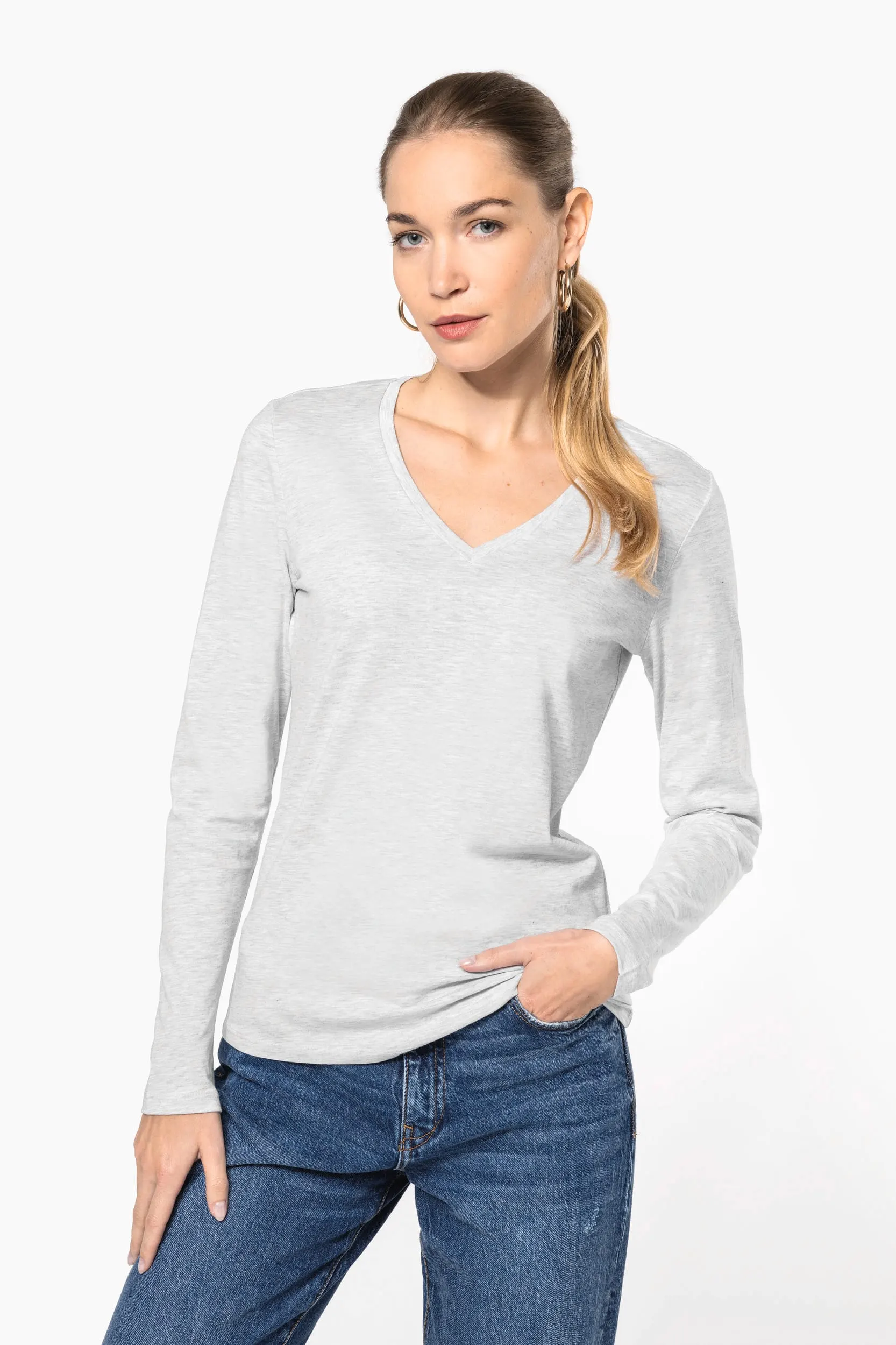 Camiseta manga larga y cuello de pico mujer