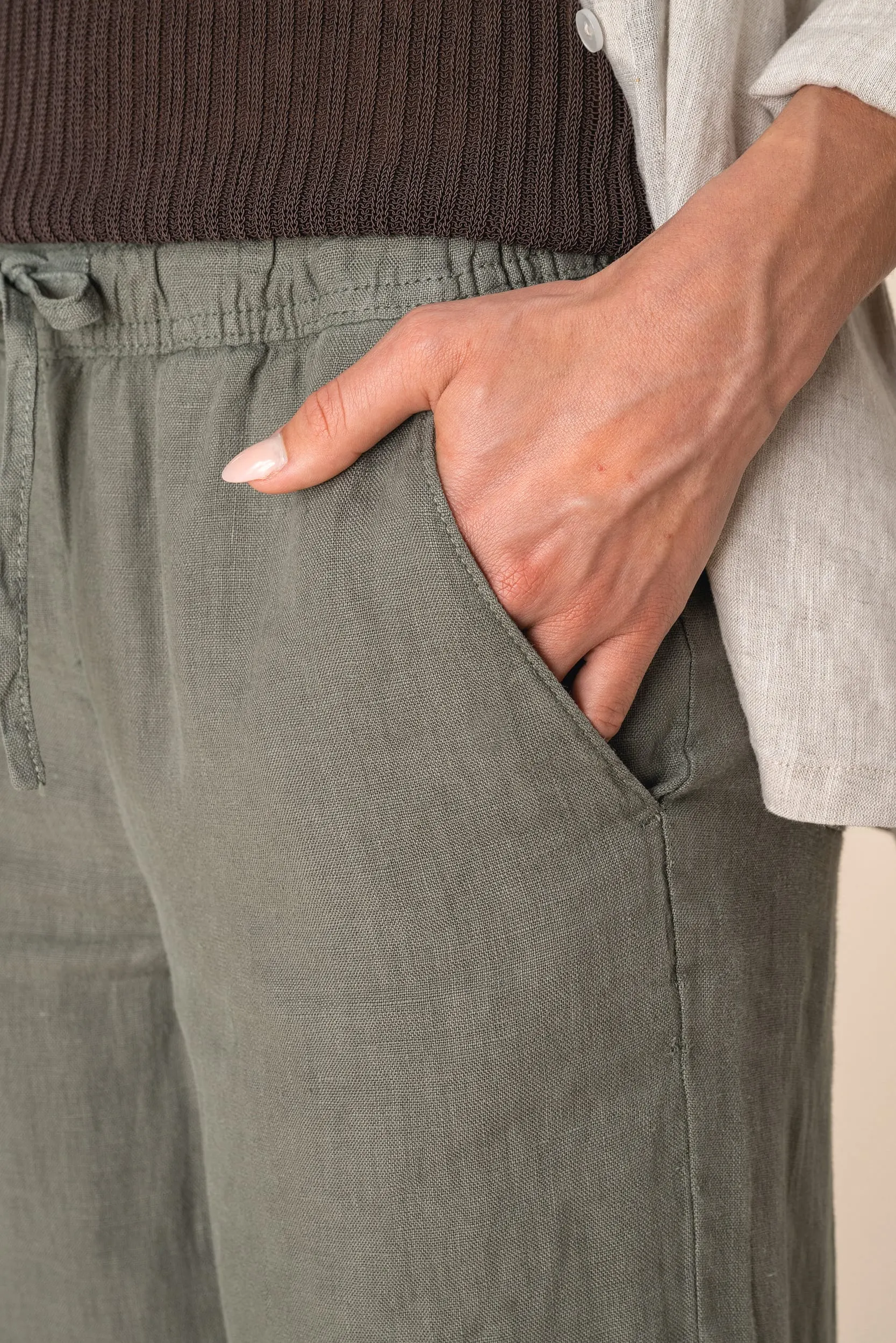 Pantalón efecto lavado de lino mujer