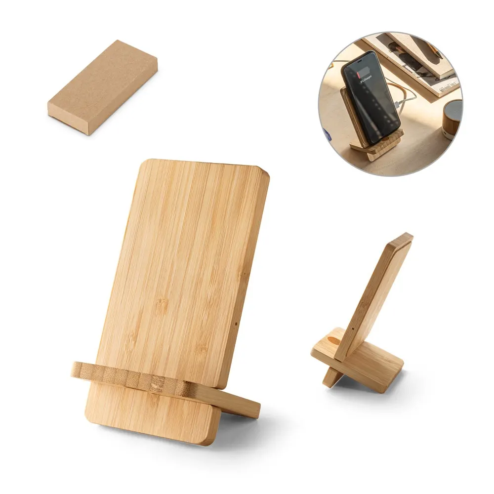 LANGE. Soporte para smartphone con cargador inalámbrico, ultrarrápido, de 15 W en bambú