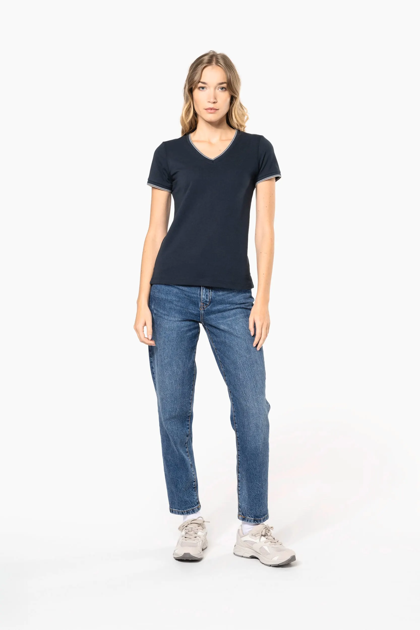 Camiseta de punto piqué con cuello de pico mujer