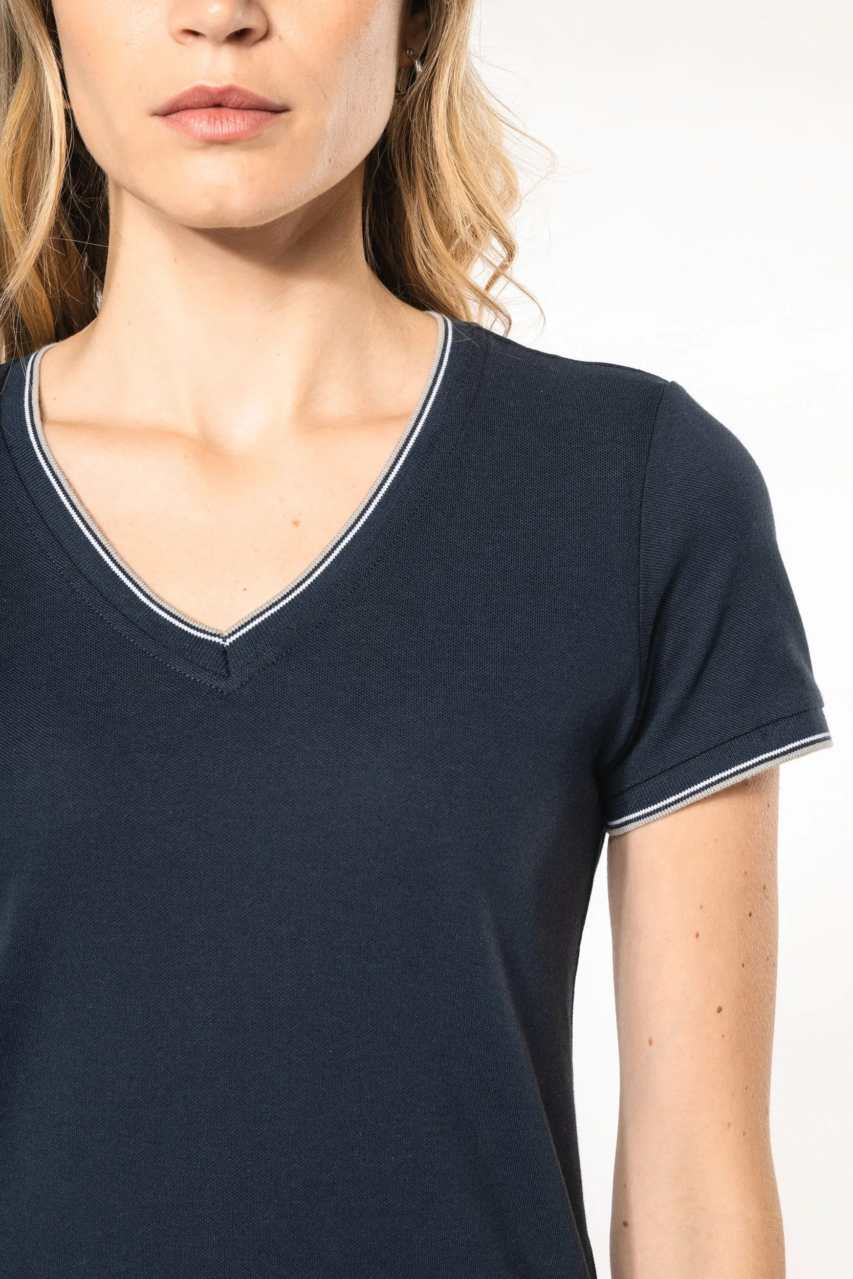 Camiseta de punto piqué con cuello de pico mujer