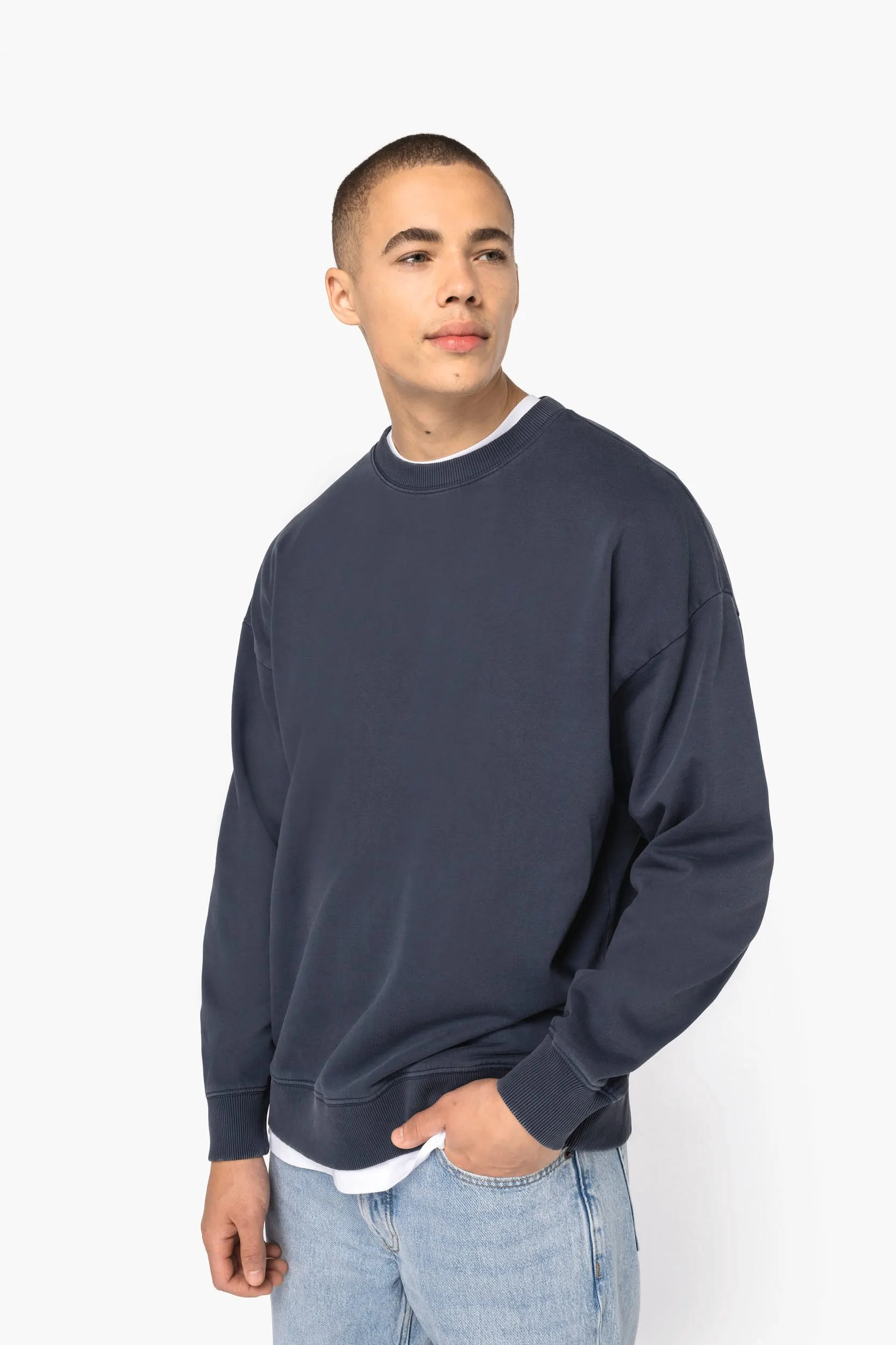 Sudadera ecorresponsable de cuello redondo efecto lavado oversize unisex