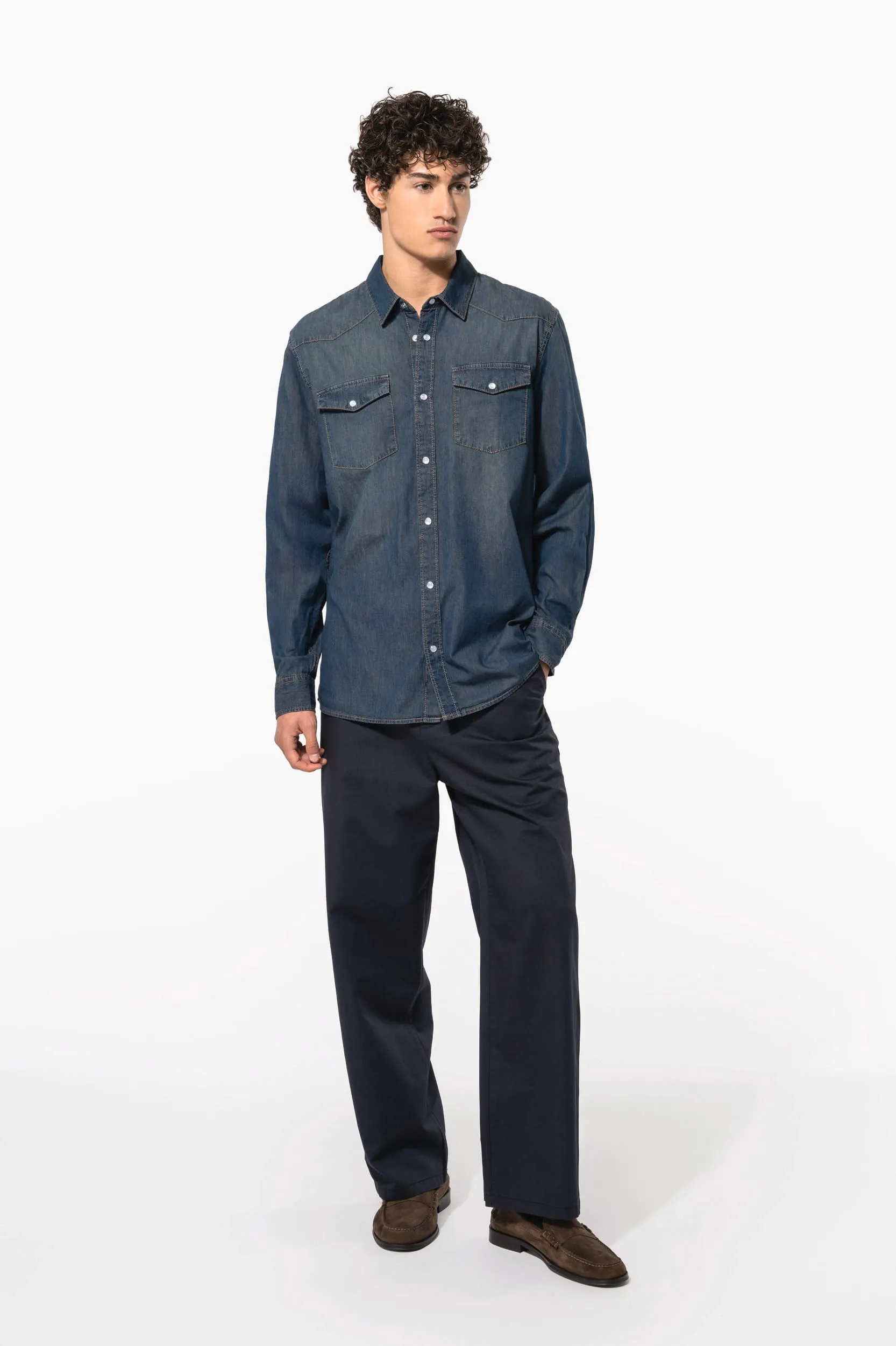 Camisa denim manga larga hombre