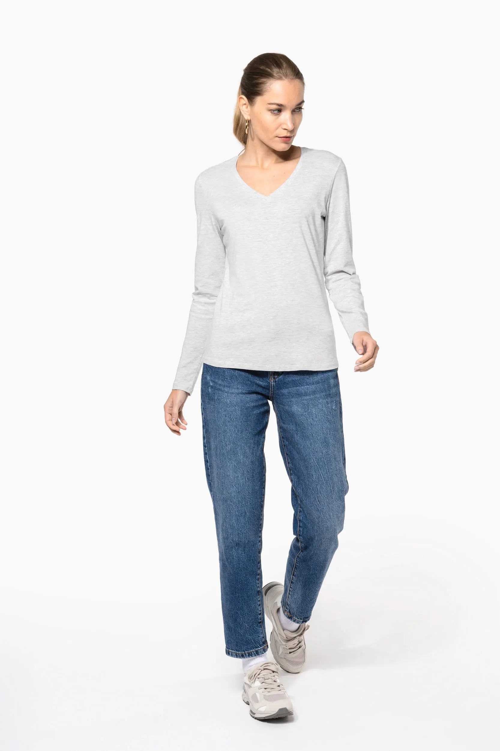 Camiseta manga larga y cuello de pico mujer