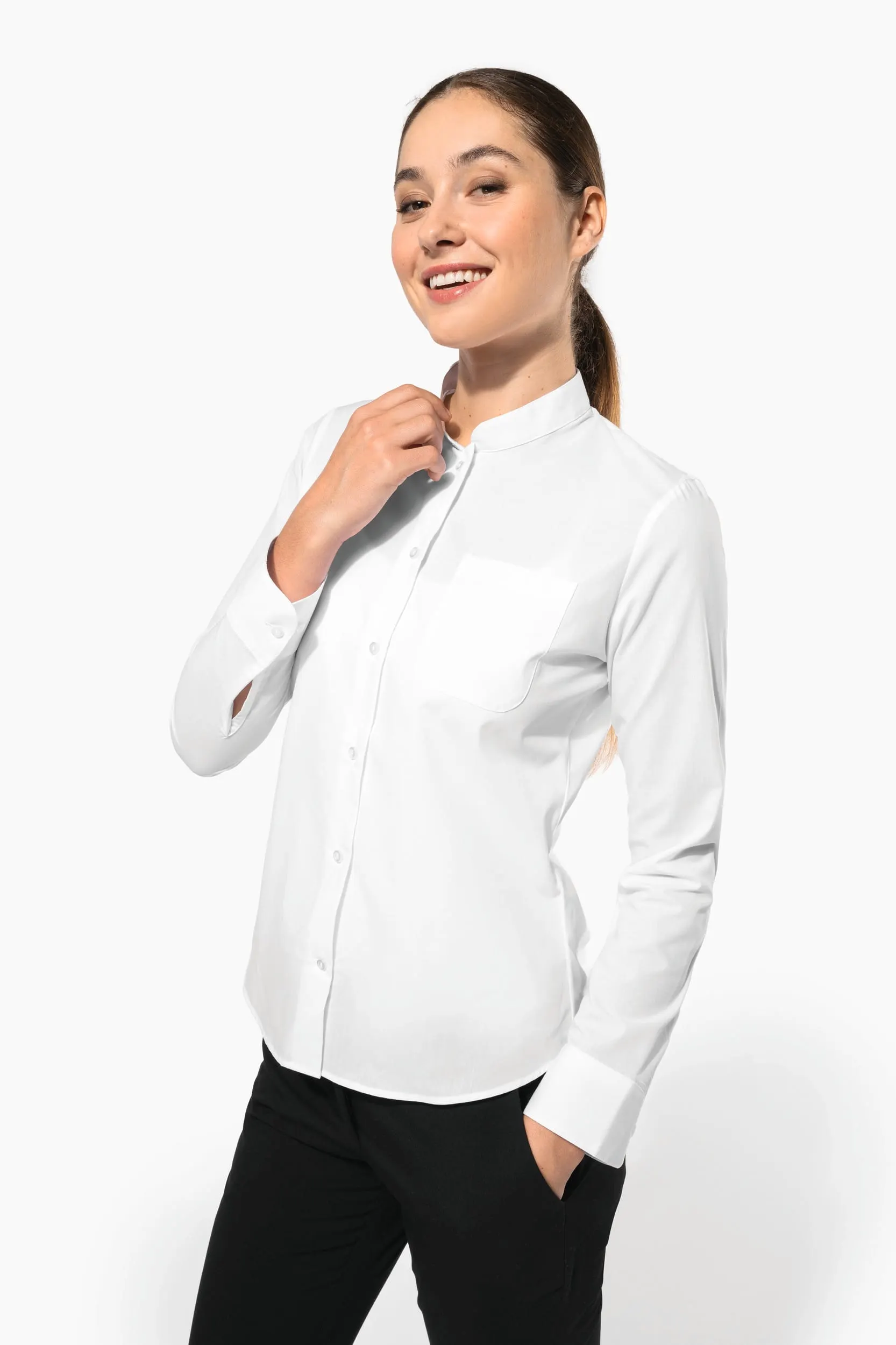 Camisa cuello mao manga larga mujer