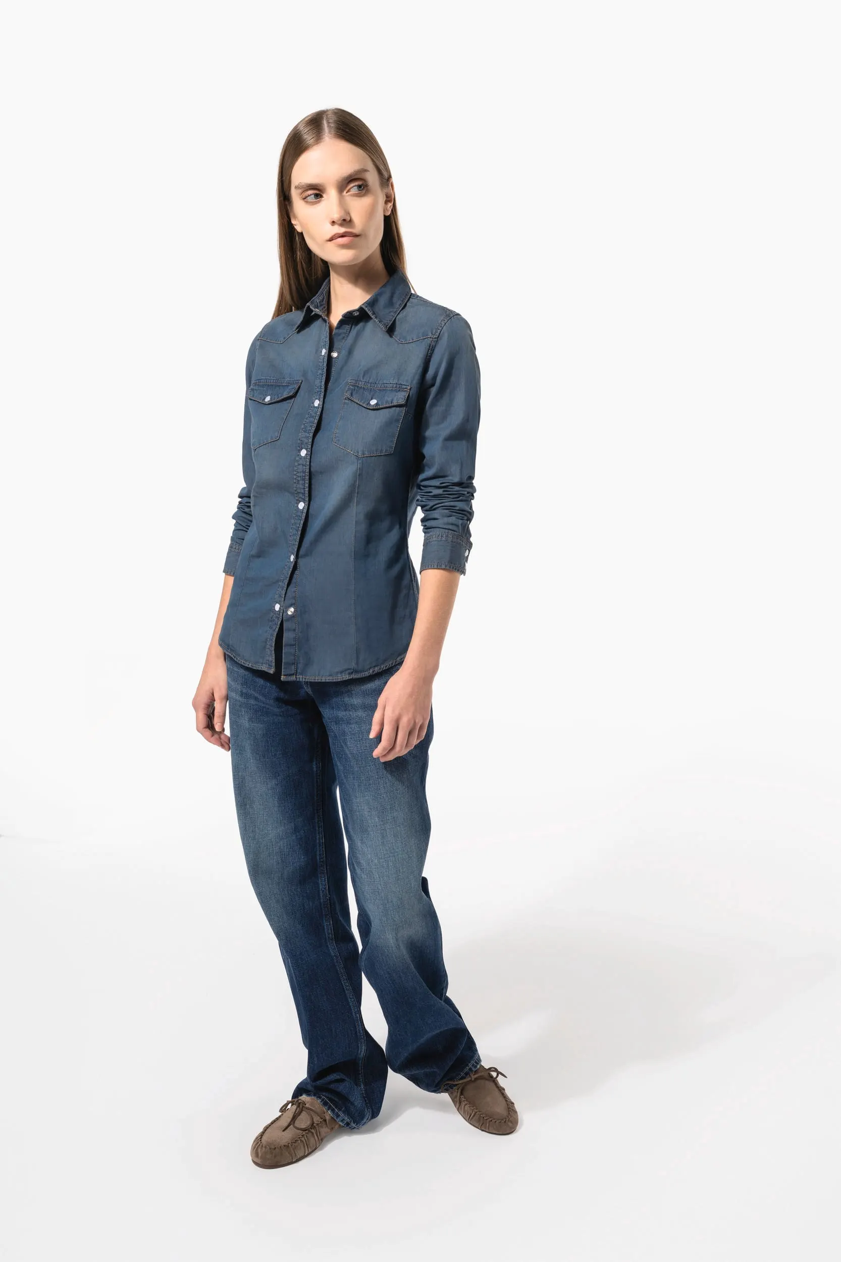 Camisa denim manga larga mujer