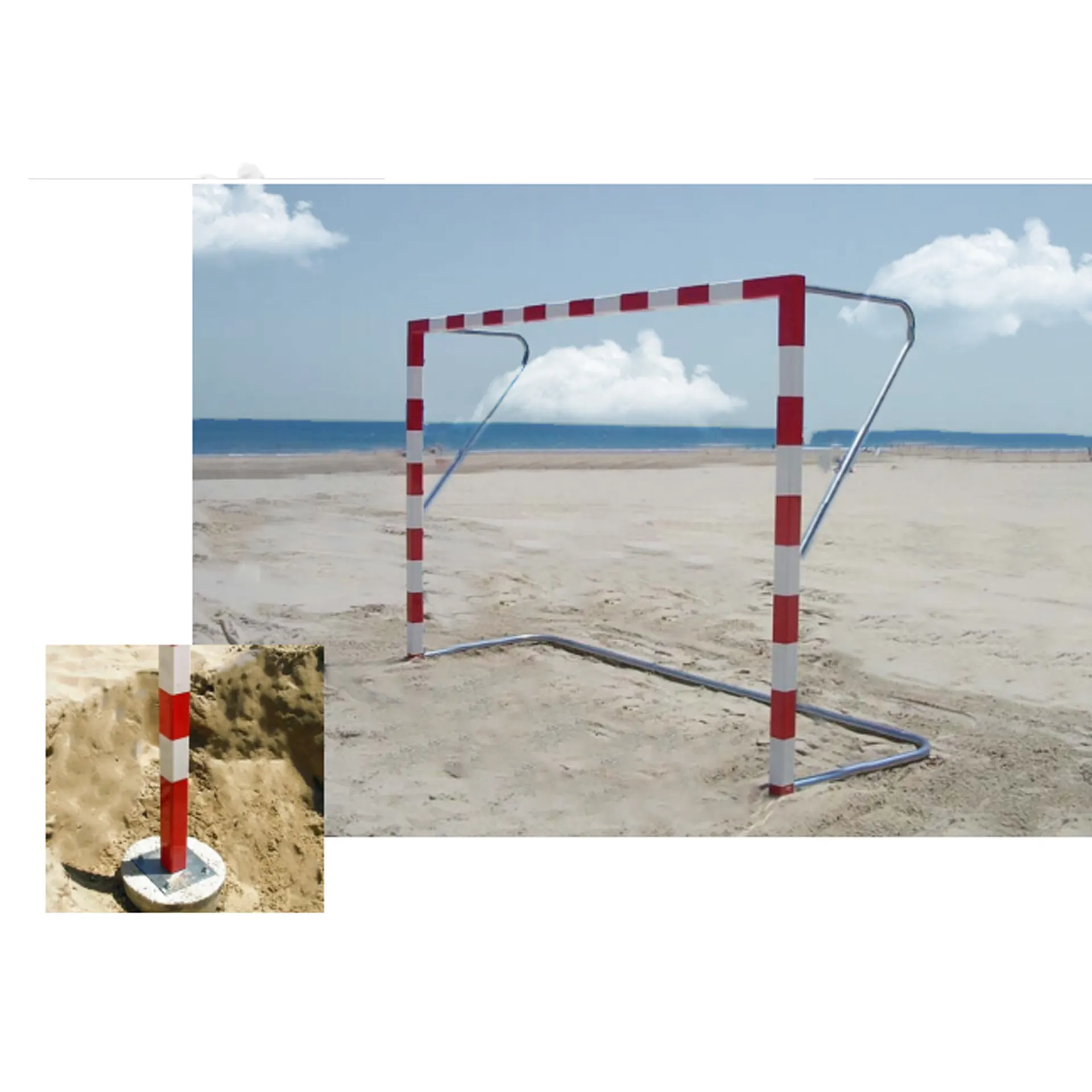 JUEGO DE 2 PORTERÍAS BALONMANO PLAYA ALUMINIO CON PLETINA DE AMARRE Y ARQUILLOS Y BASE GALVANIZADA