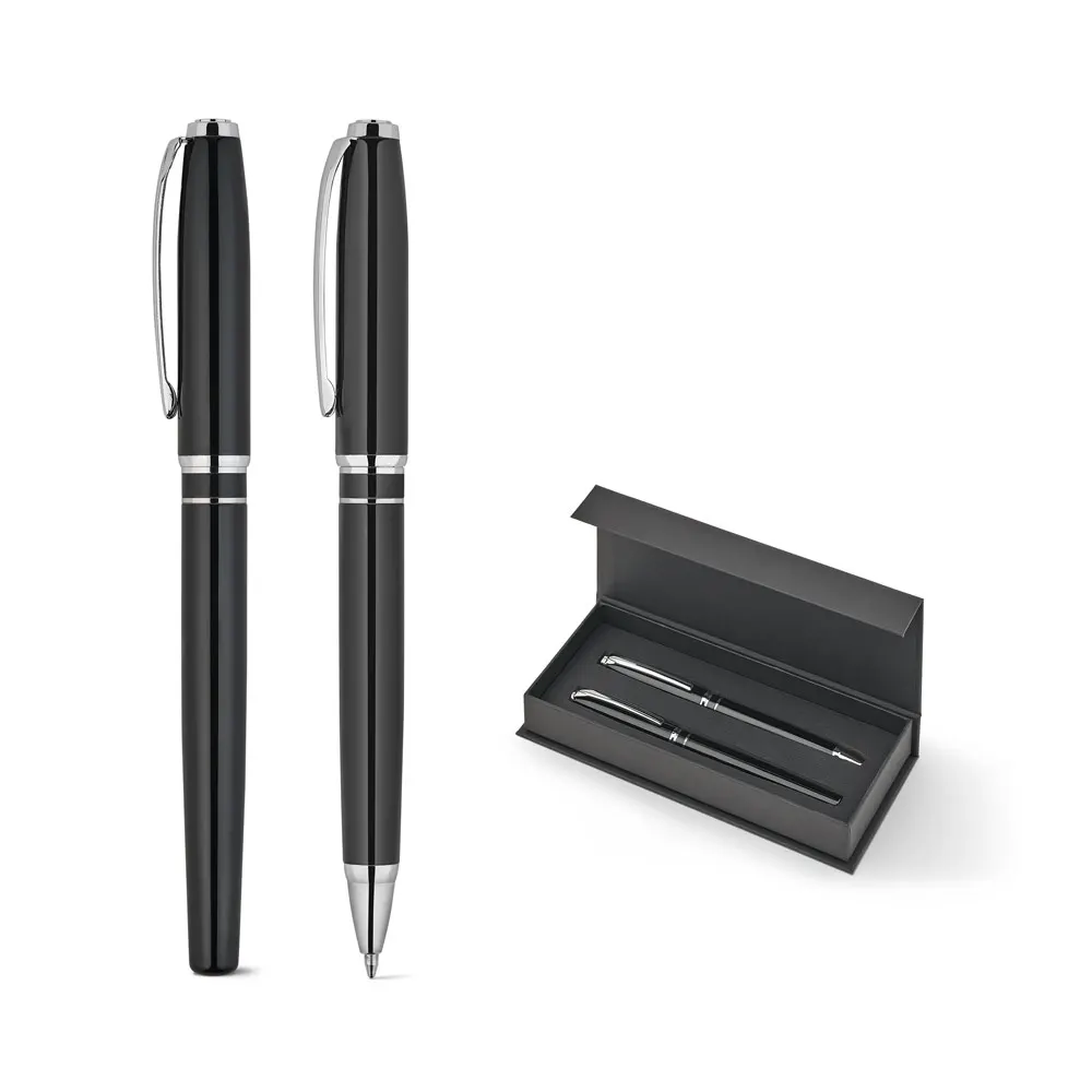 SARAMAGO. Set premium compuesto por 1 bolígrafo y 1 roller en cobre y acero inoxidable, con tinta azul