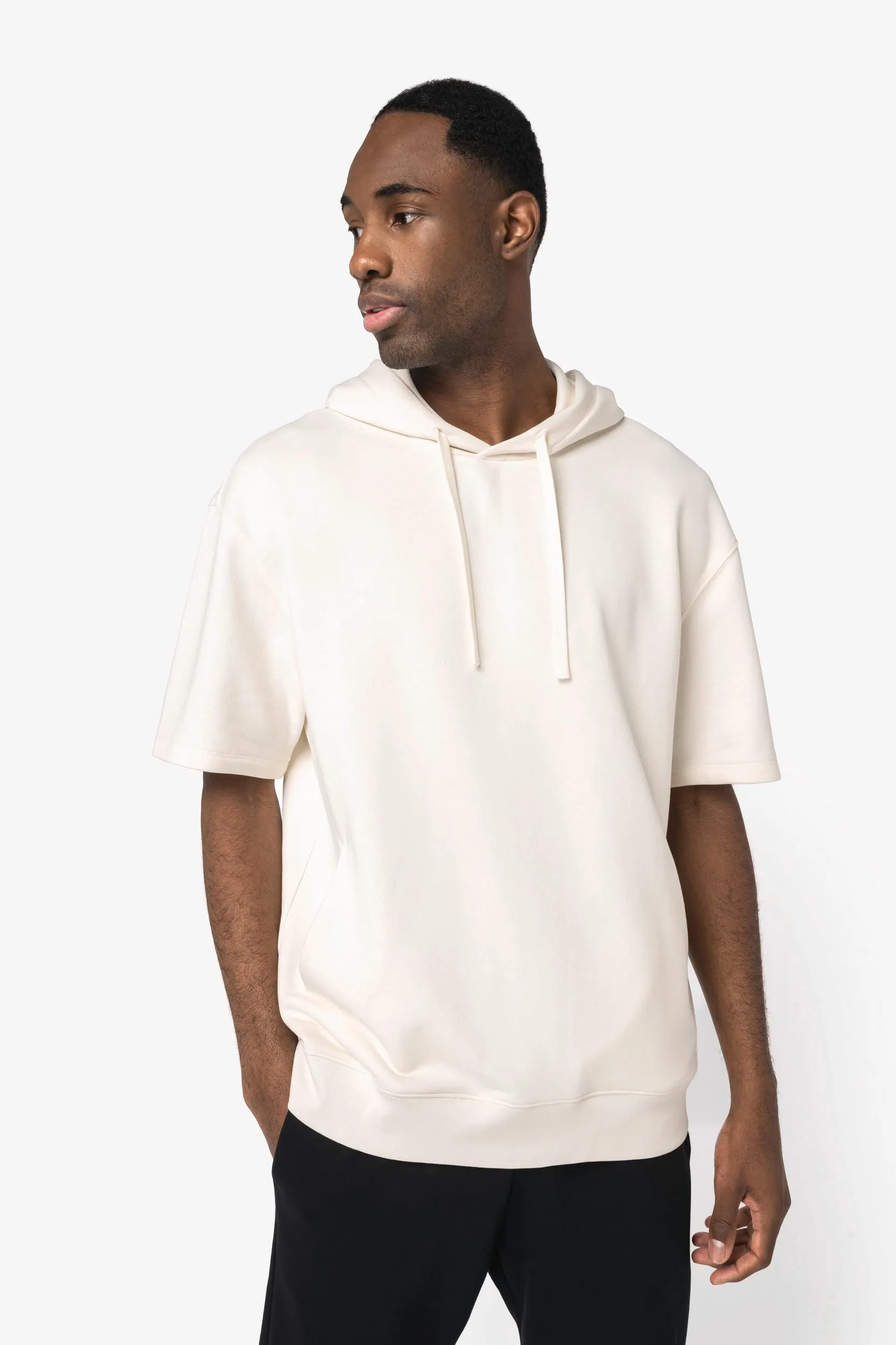 Sudadera ecorresponsable con capucha y hombros caídos de manga corta French Terry unisex