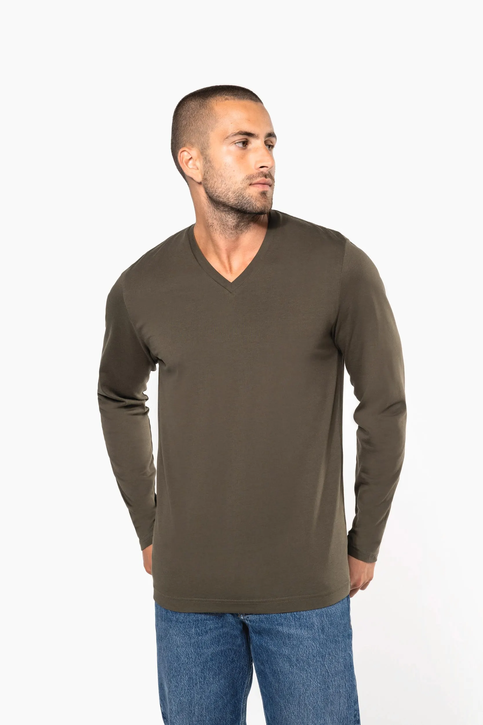 Camiseta manga larga y cuello de pico hombre