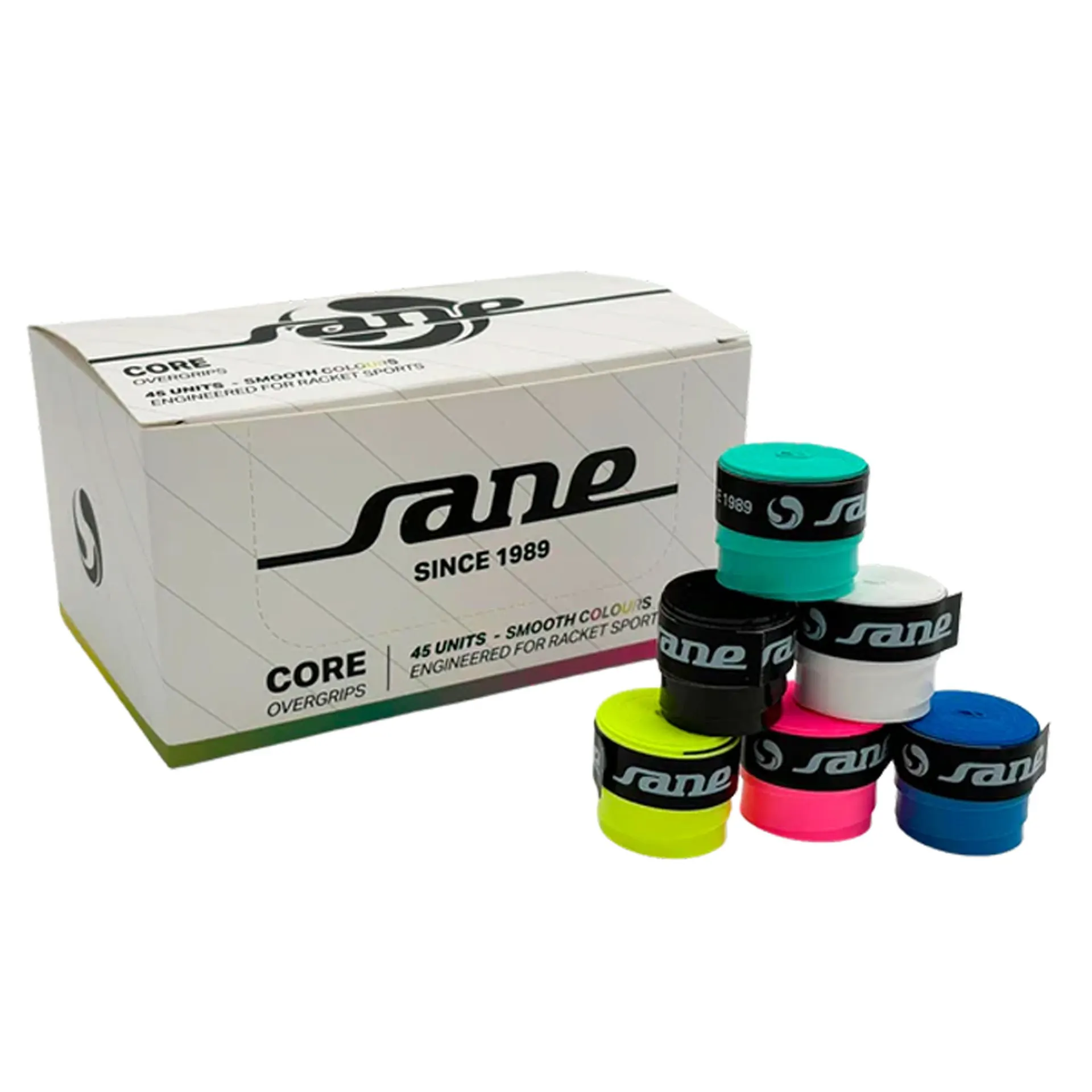 CAJA DE 45 OVERGRIPS SANE CORE LISOS MULTICOLOR