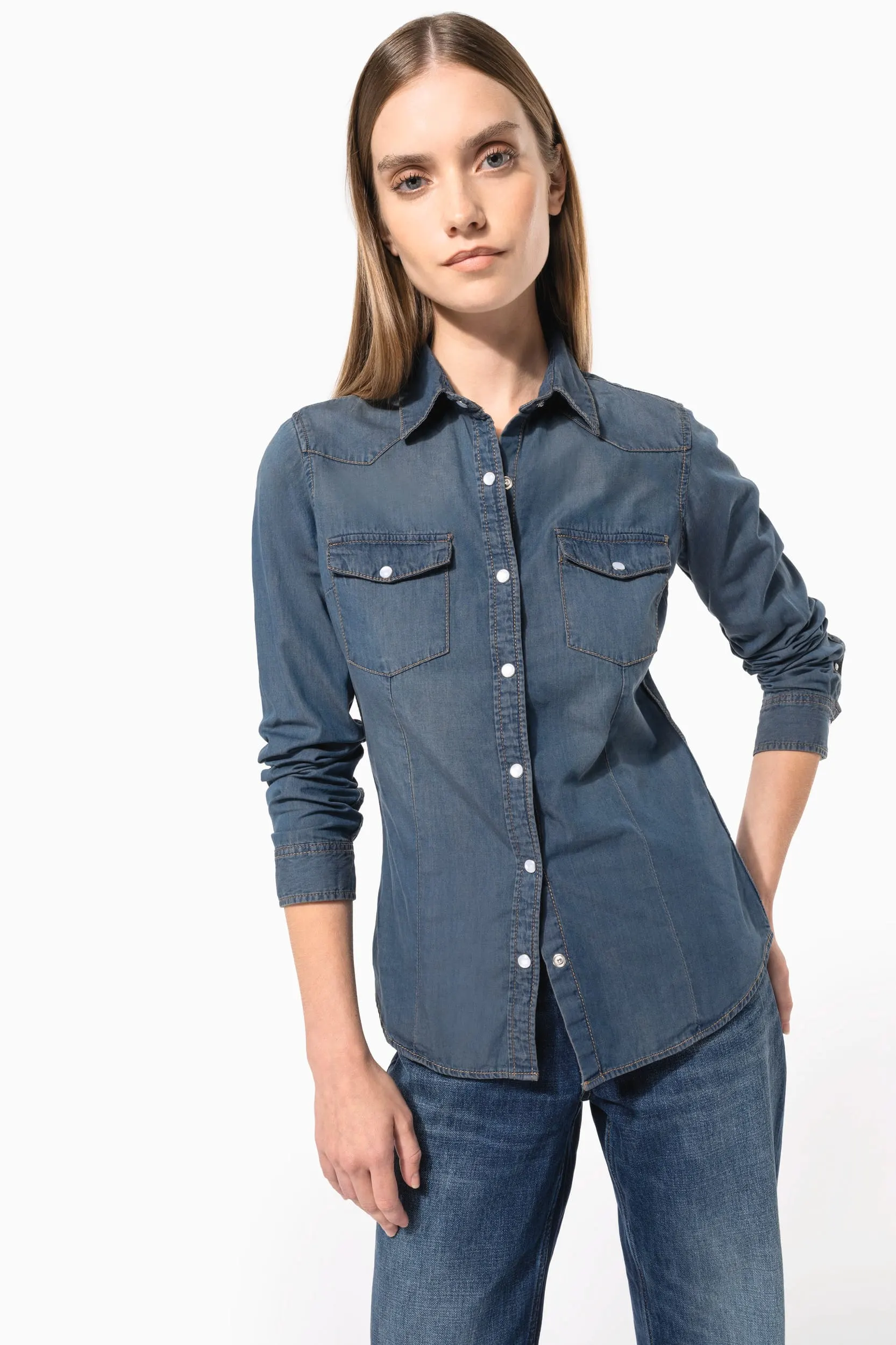 Camisa denim manga larga mujer