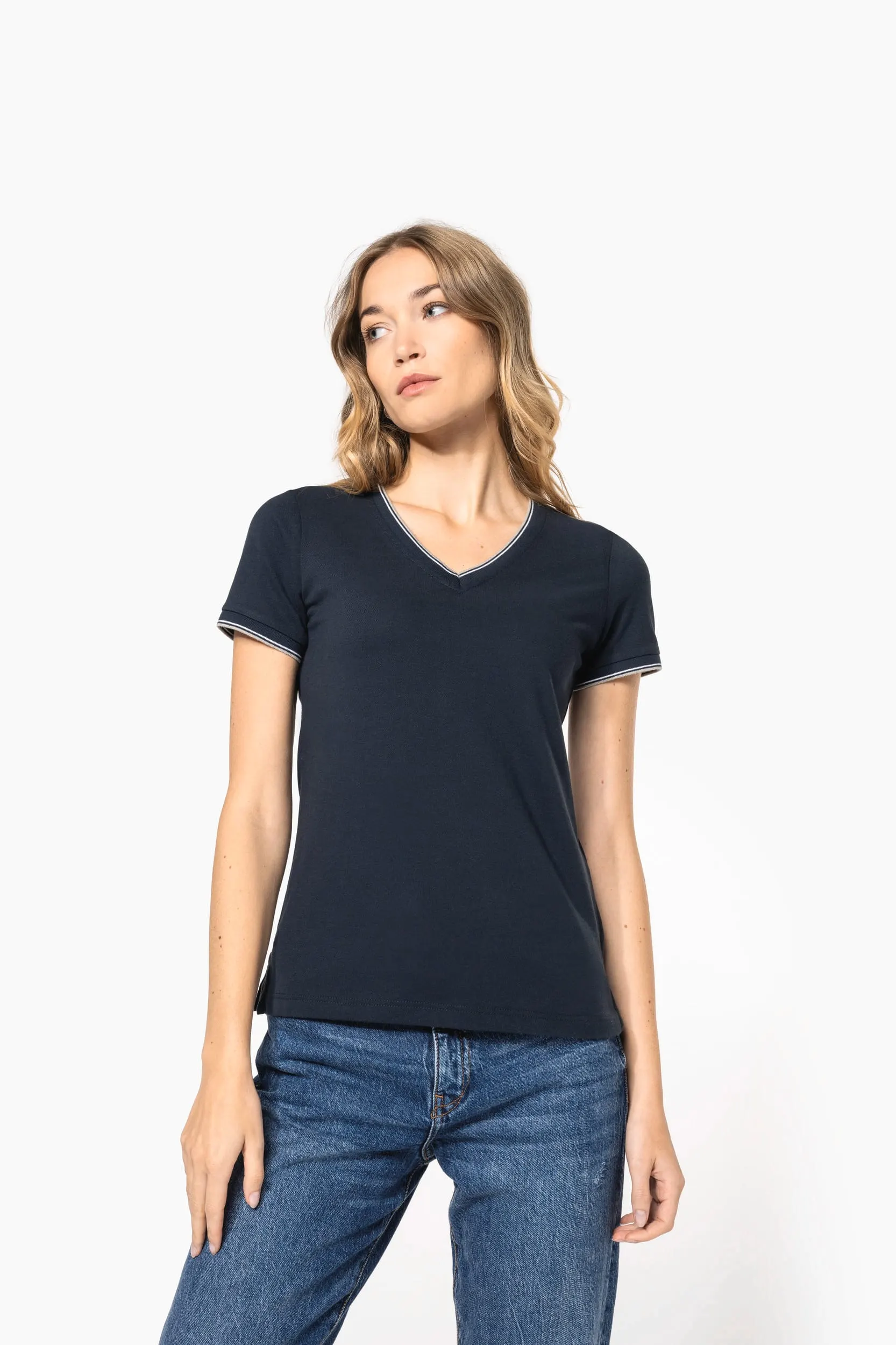 Camiseta de punto piqué con cuello de pico mujer