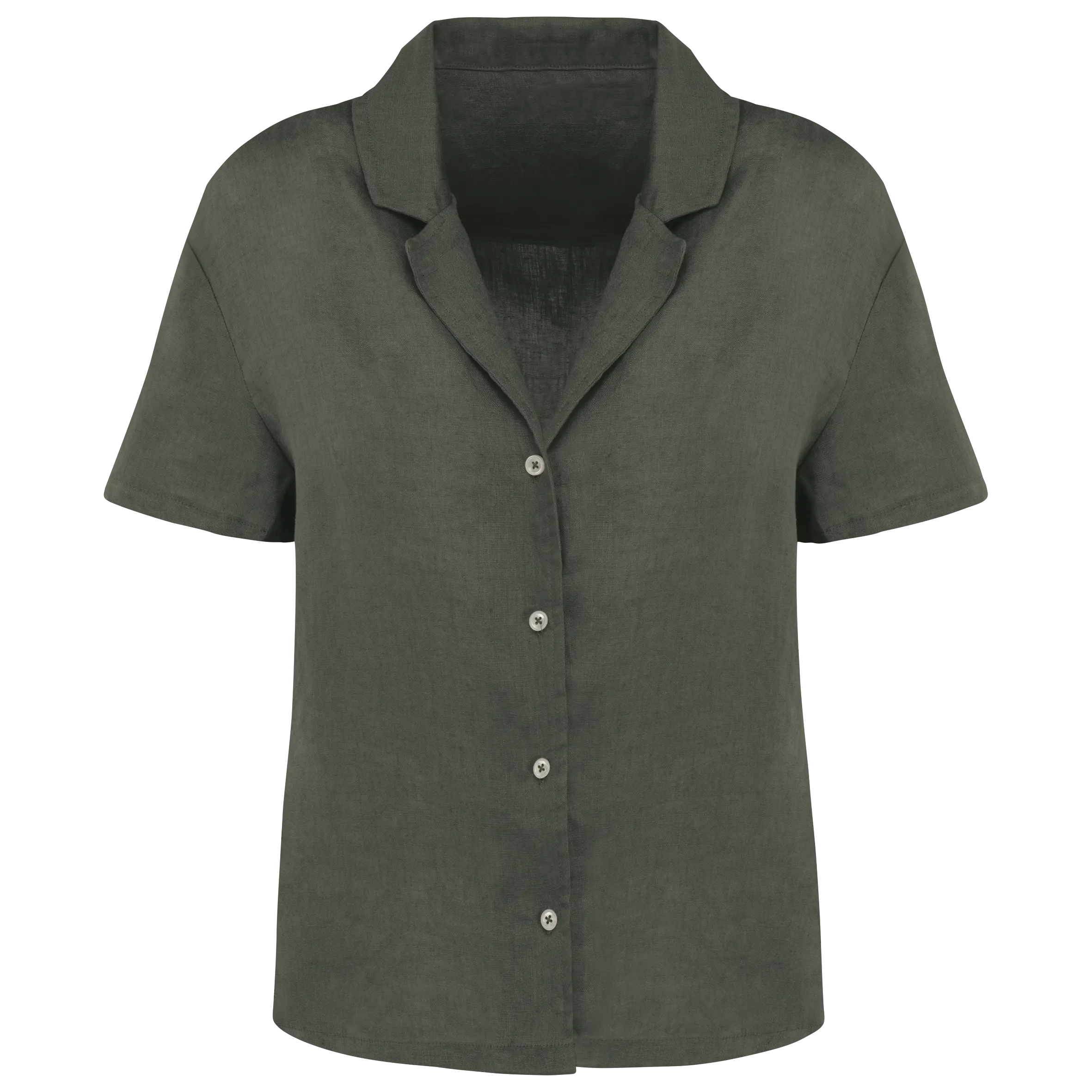 Camisa manga corta de lino y cuello bowling mujer