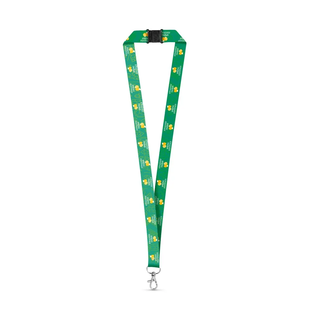 DOVER. SET Lanyard SUBLIMATION Long II (20 mm) en poliéster reciclado (100% rPET) con mosquetón de gatillo de 20 mm y cierre de seguridad