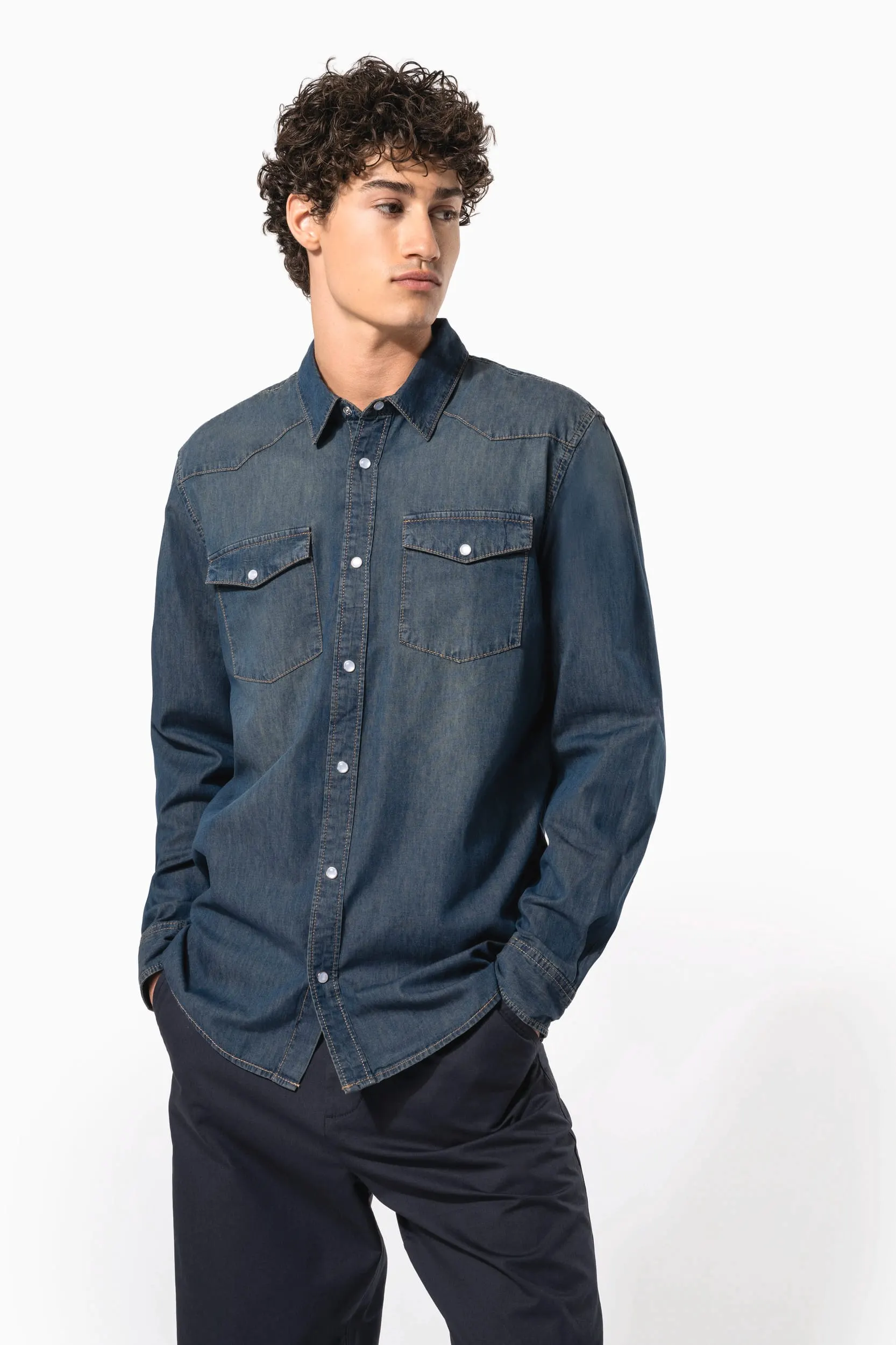 Camisa denim manga larga hombre