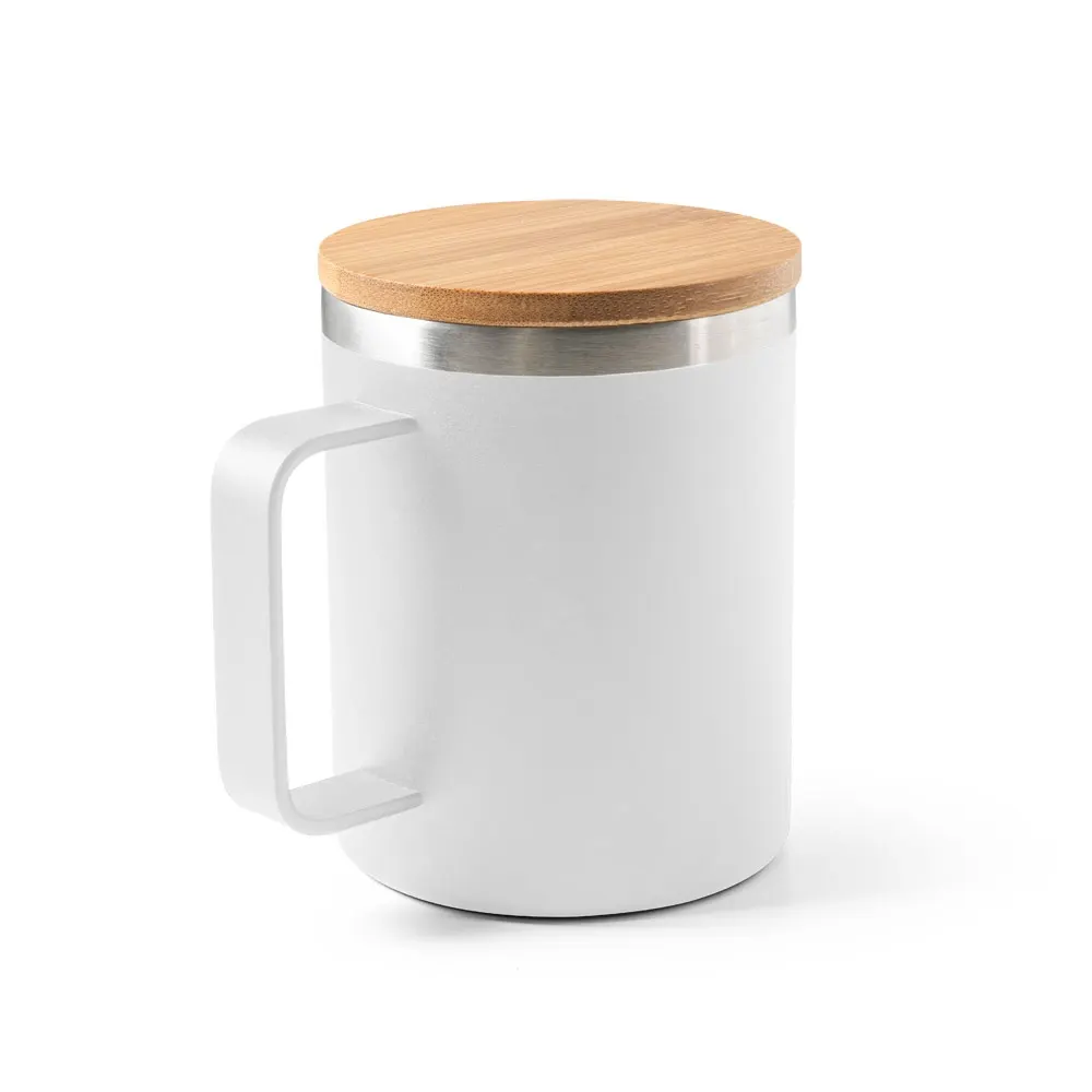 LAUDA. Taza de acero inoxidable 90% reciclado con tapa de bambú 420 mL