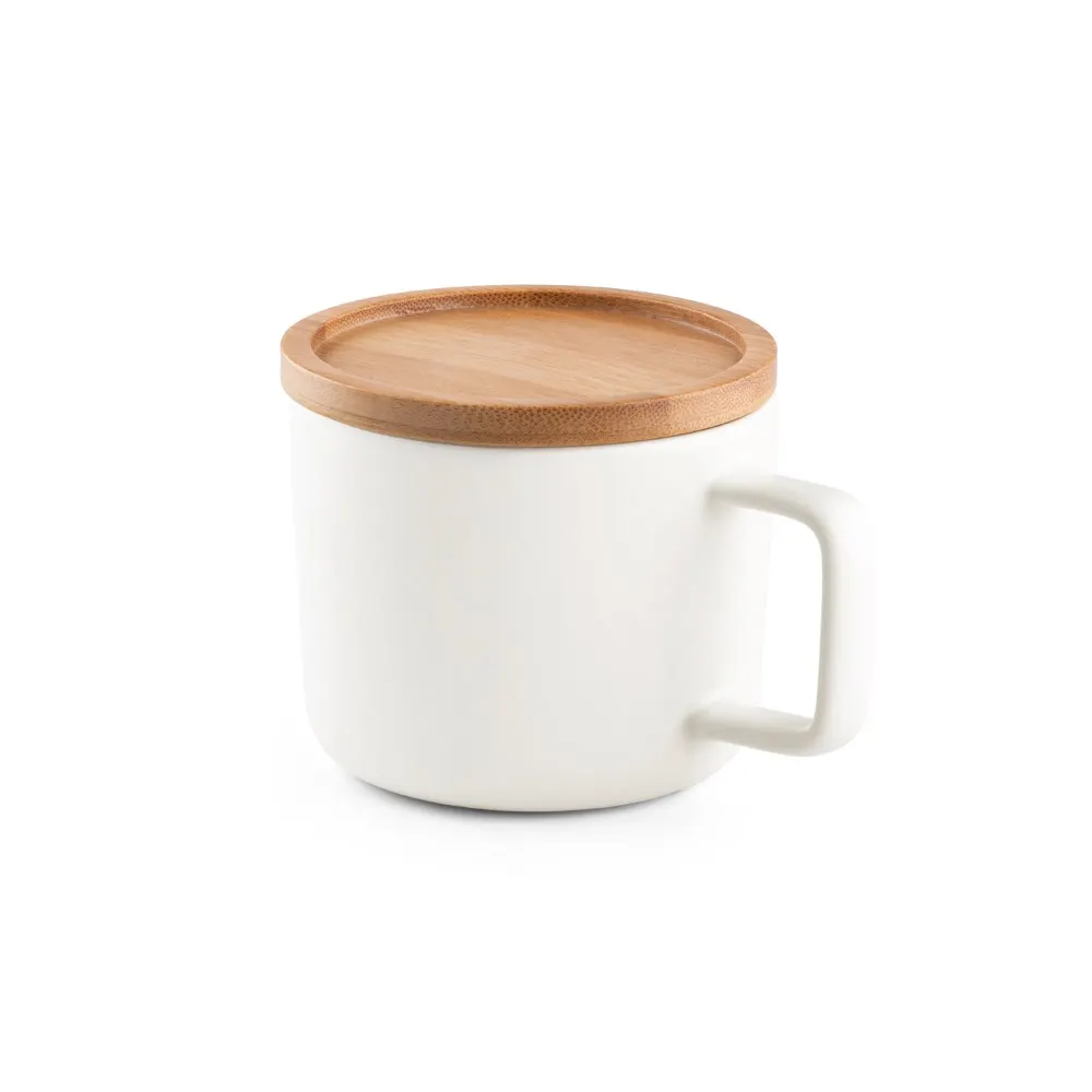 FANGIO. Taza de cerámica con tapa y base de bambú de 220 mL
