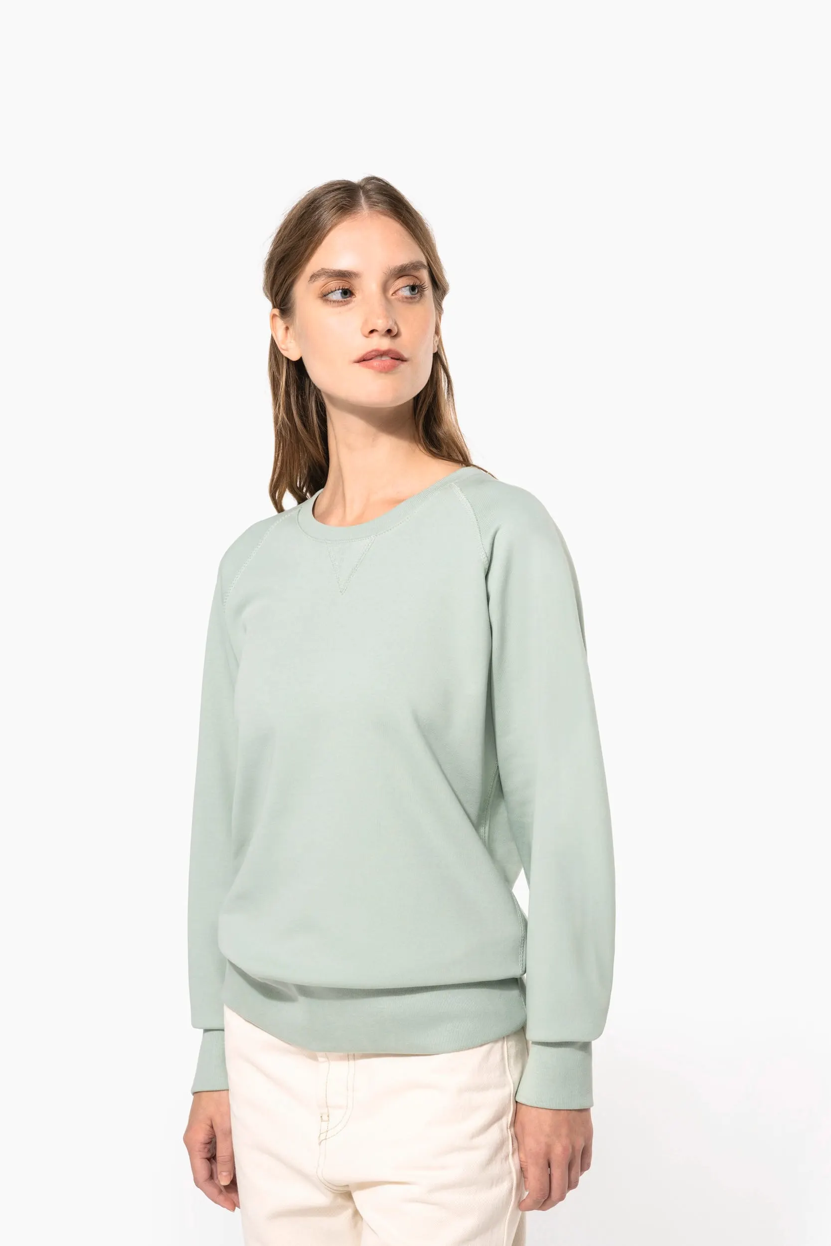 Sudadera algodón orgánico con cuello redondo y mangas raglan de mujer