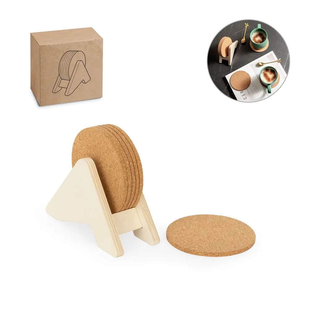 PLYCORK. Soporte de madera contrachapada con 6 posavasos de corcho