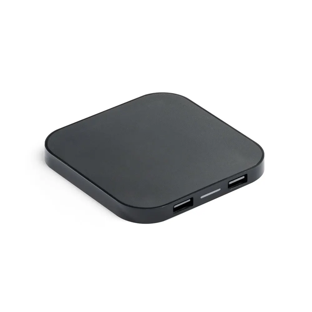 CAROLINE. Cargador inalámbrico superrápido de 15W con HUB 2 puertos USB-A, fabricado en ABS reciclado (60% rABS)
