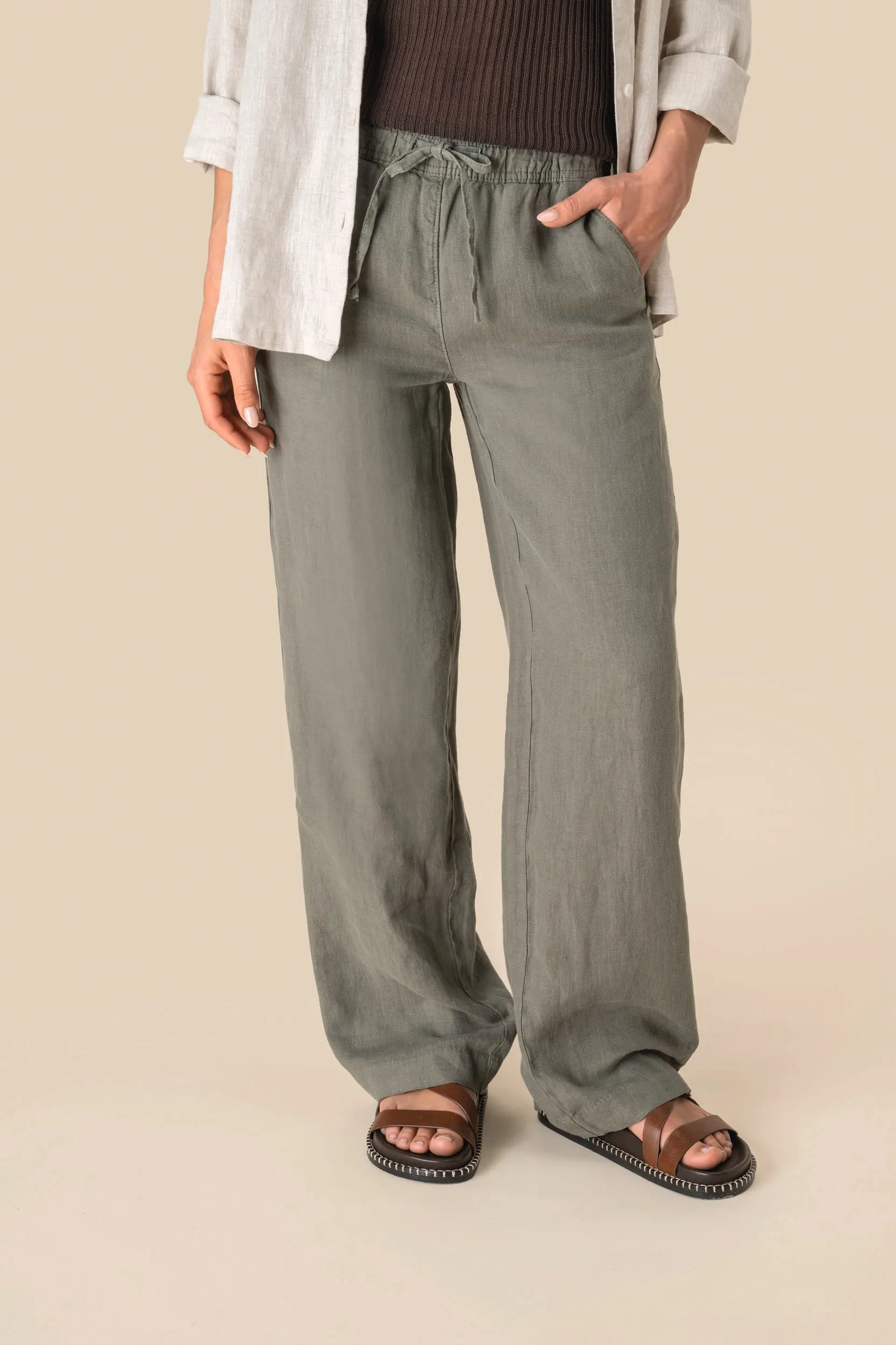 Pantalón efecto lavado de lino mujer