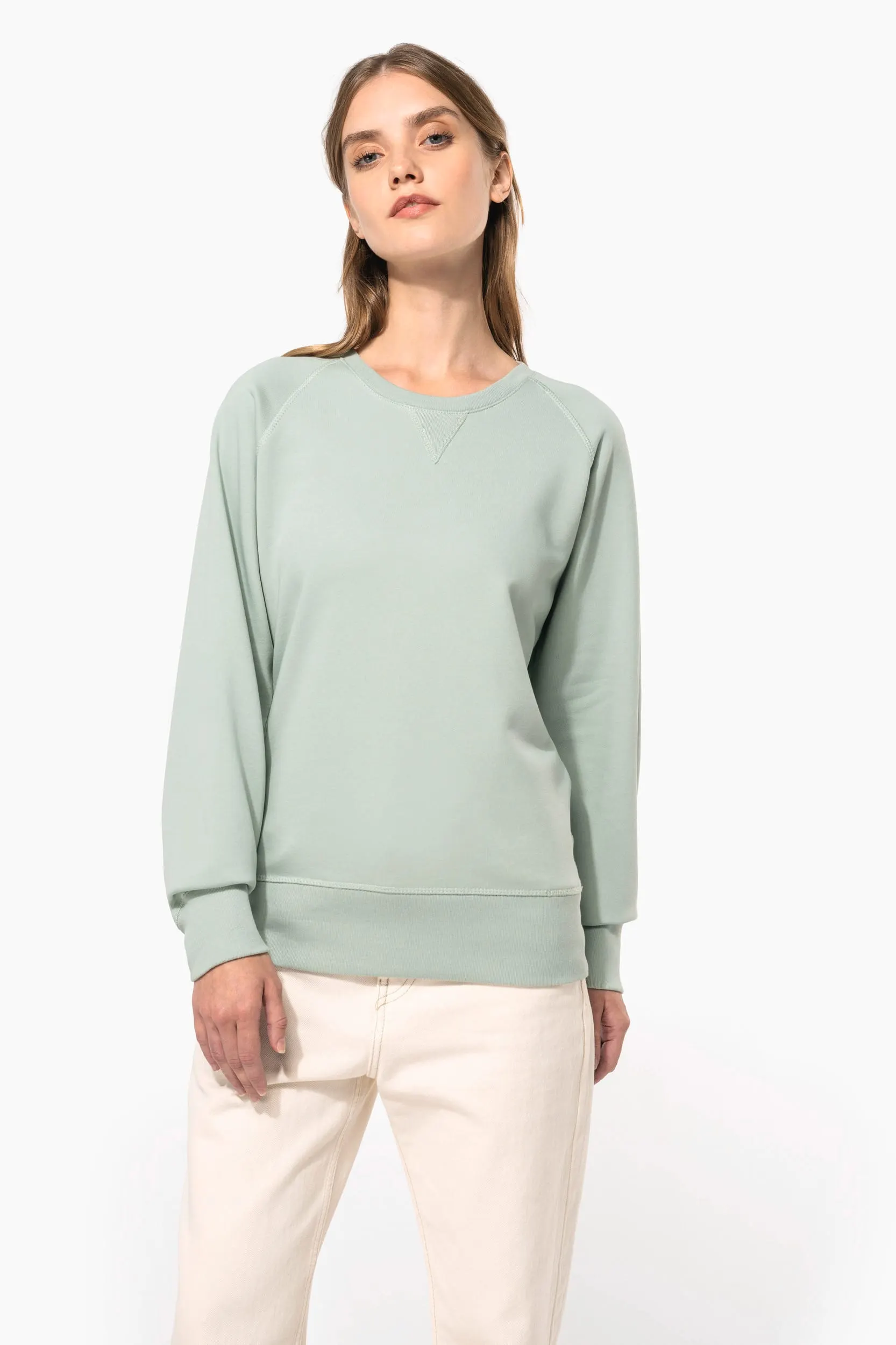 Sudadera algodón orgánico con cuello redondo y mangas raglan de mujer