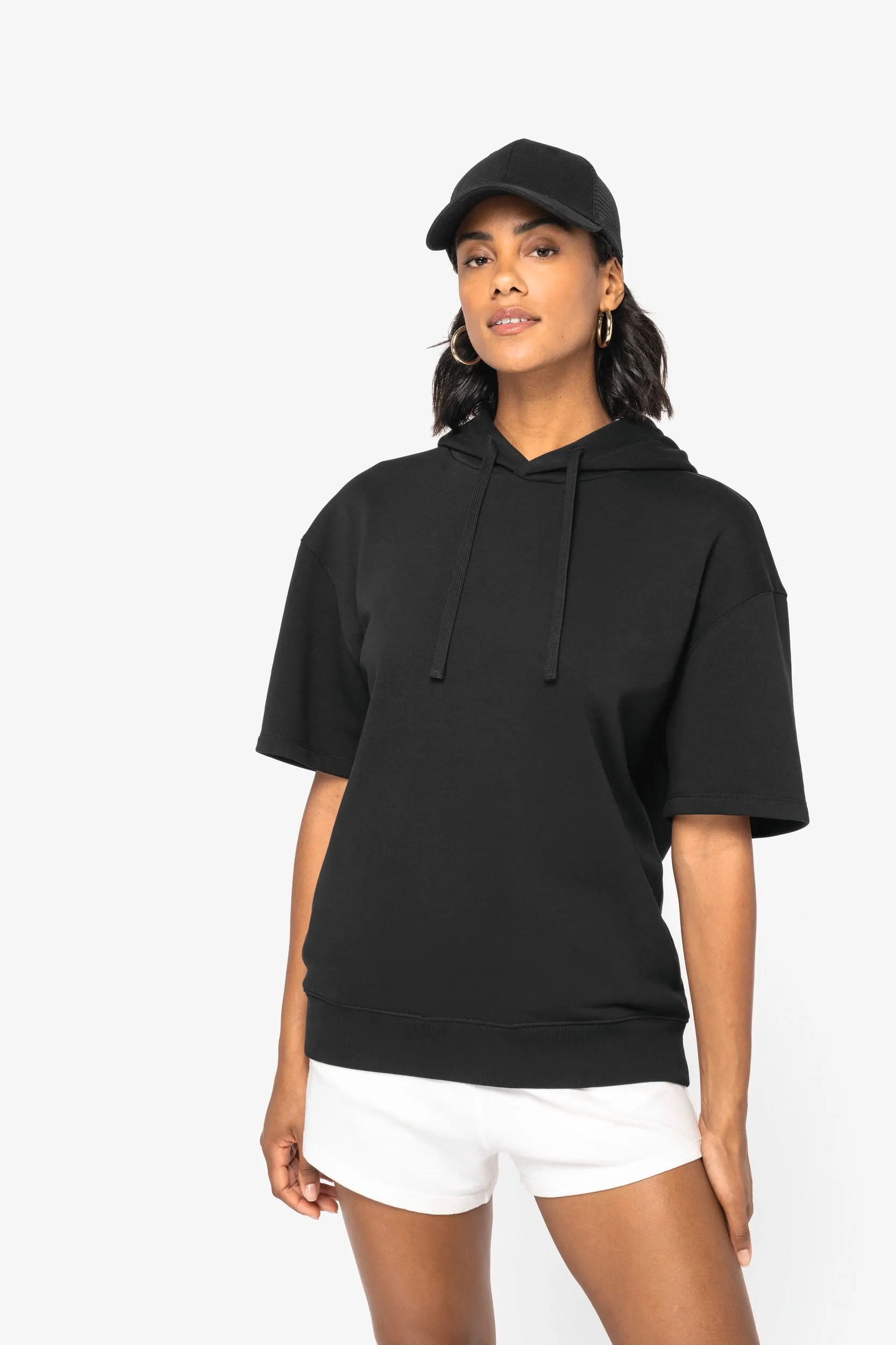 Sudadera ecorresponsable con capucha y hombros caídos de manga corta French Terry unisex