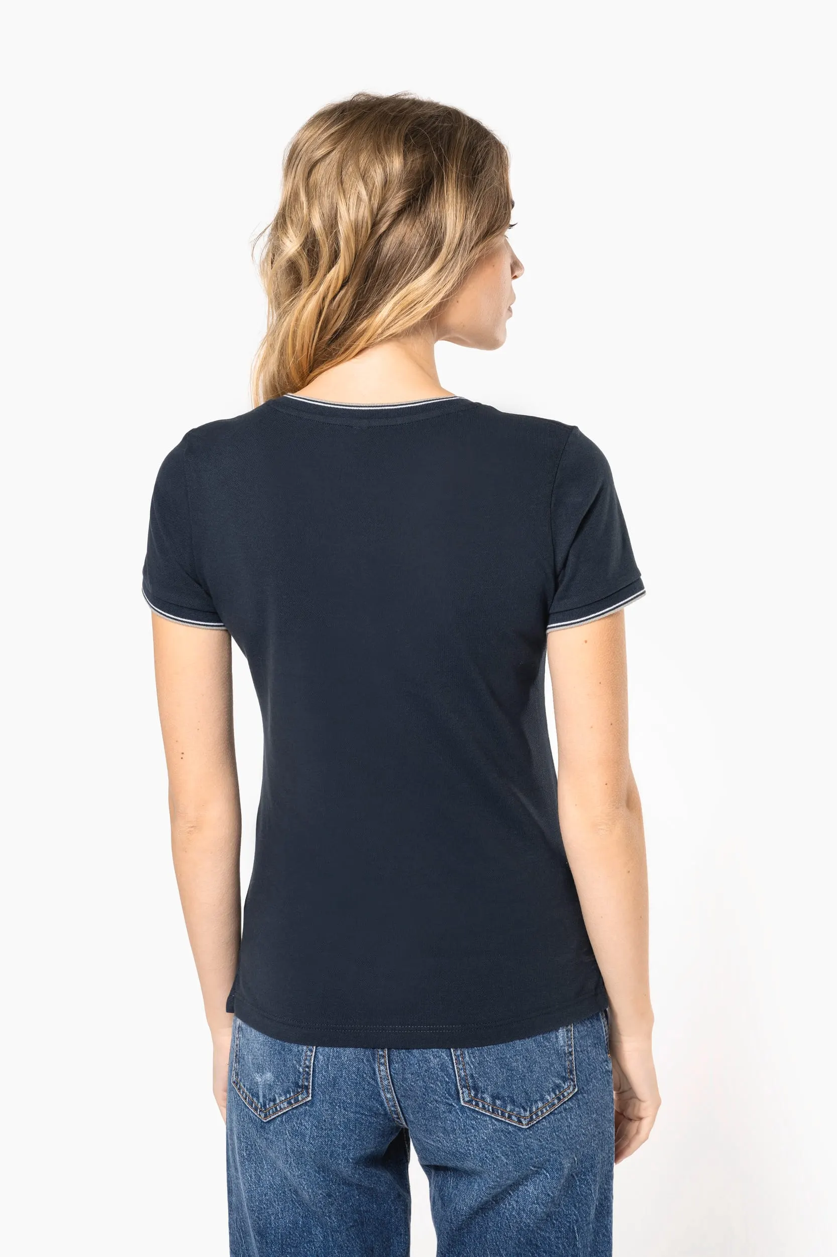 Camiseta de punto piqué con cuello de pico mujer