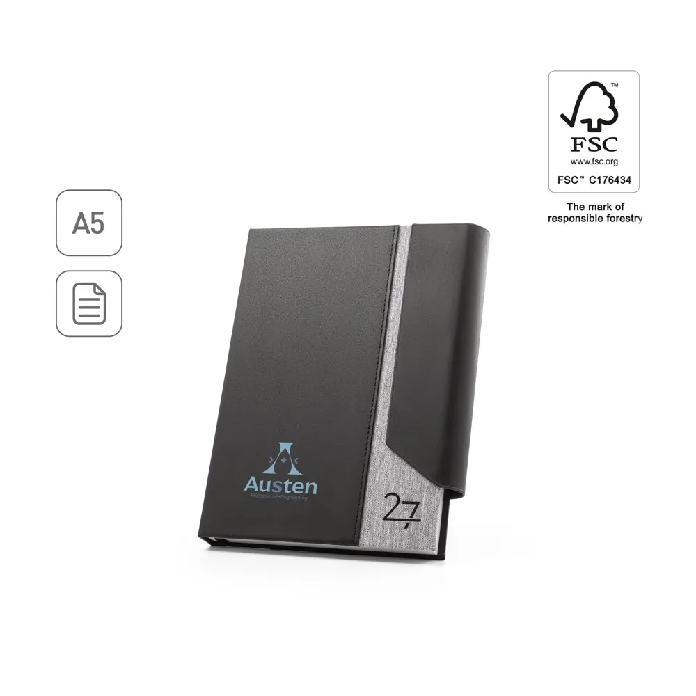 AUSTEN A5. Agenda A5 en PU (58% reciclado) y poliéster reciclado (100% rPET) 300D