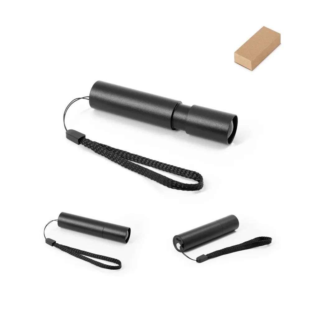 BRUCE. Linterna recargable fabricada en aluminio reciclado (100 % rAL) con punta extensible de 30 mm