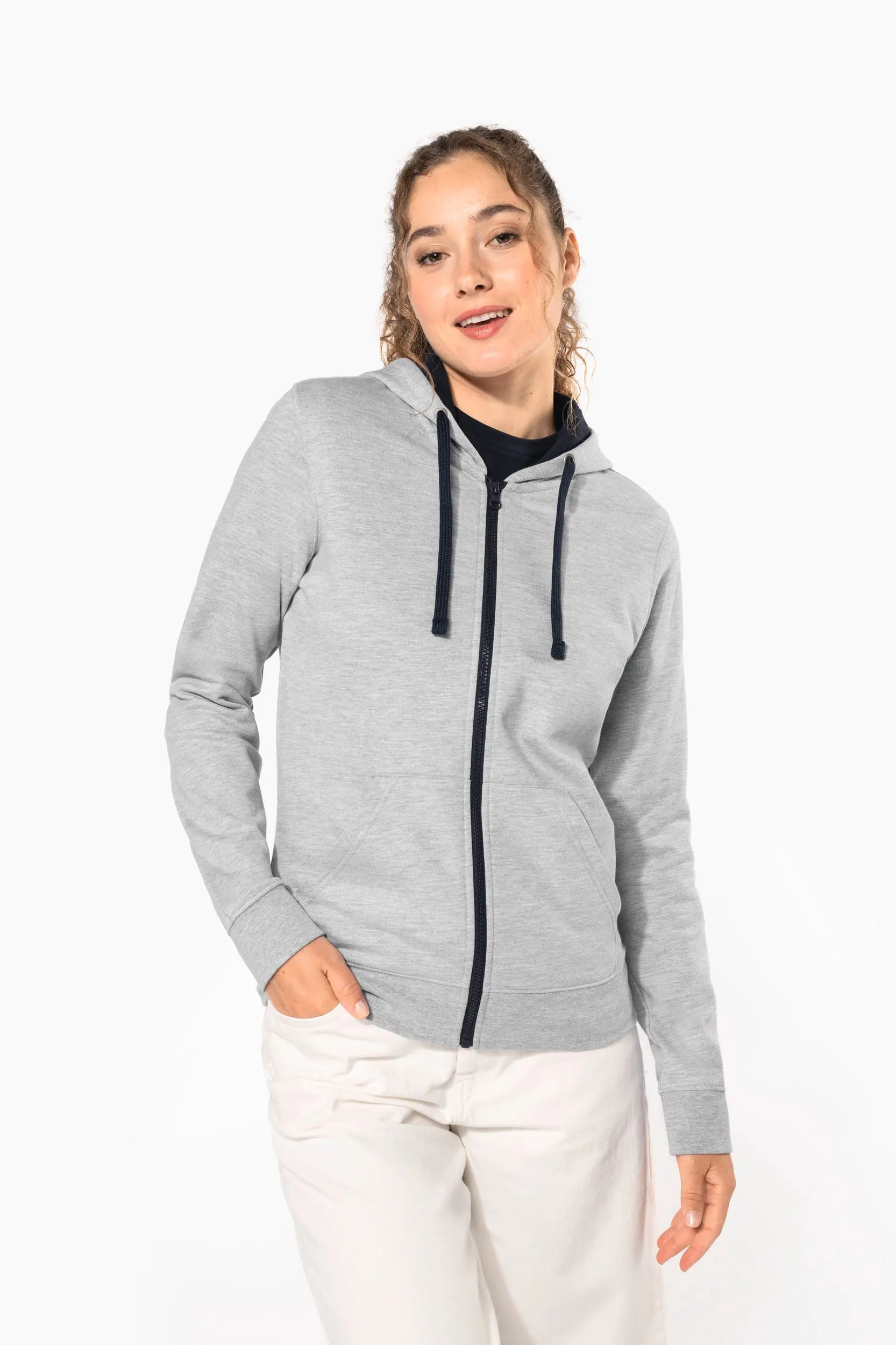 Sudadera capucha y cremallera contrastada mujer