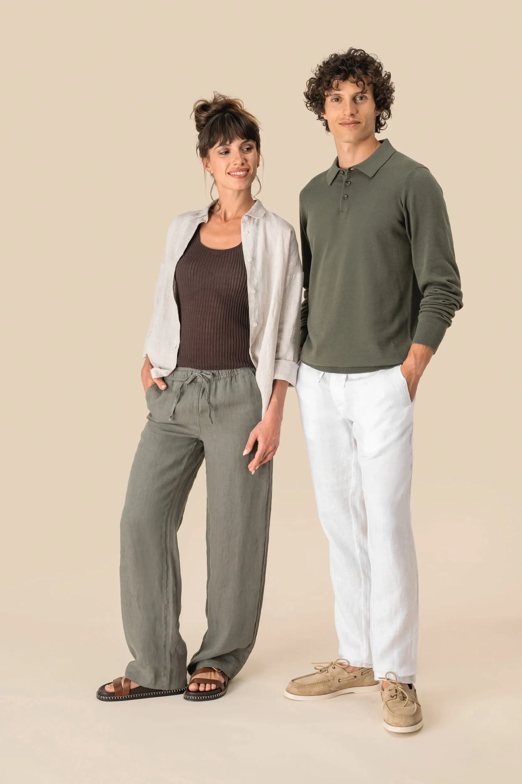 Pantalón efecto lavado de lino mujer