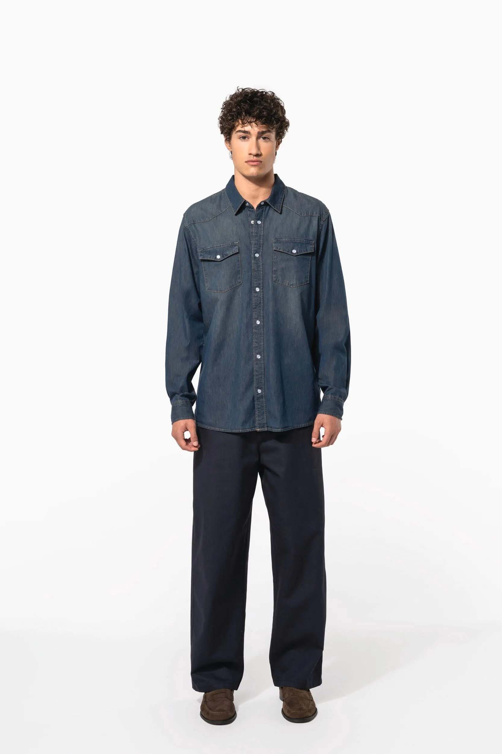 Camisa denim manga larga hombre