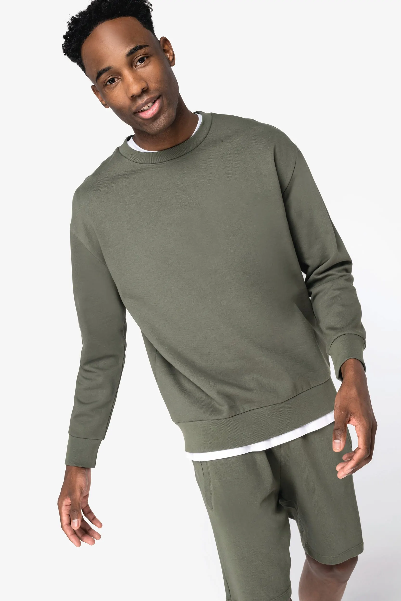 Sudadera ecorresponsable cuello redondo y hombros caídos felpa perchada unisex