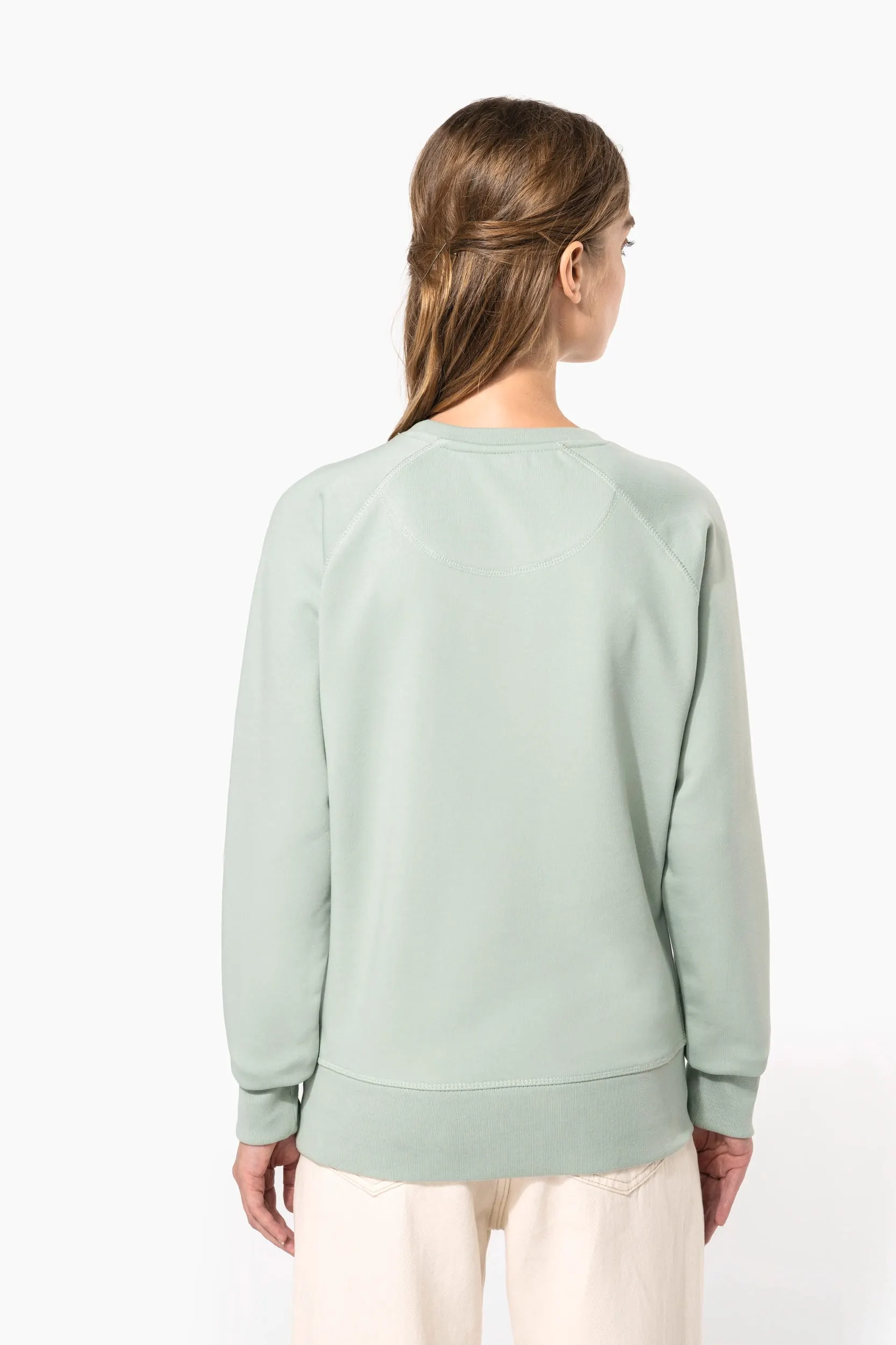 Sudadera algodón orgánico con cuello redondo y mangas raglan de mujer