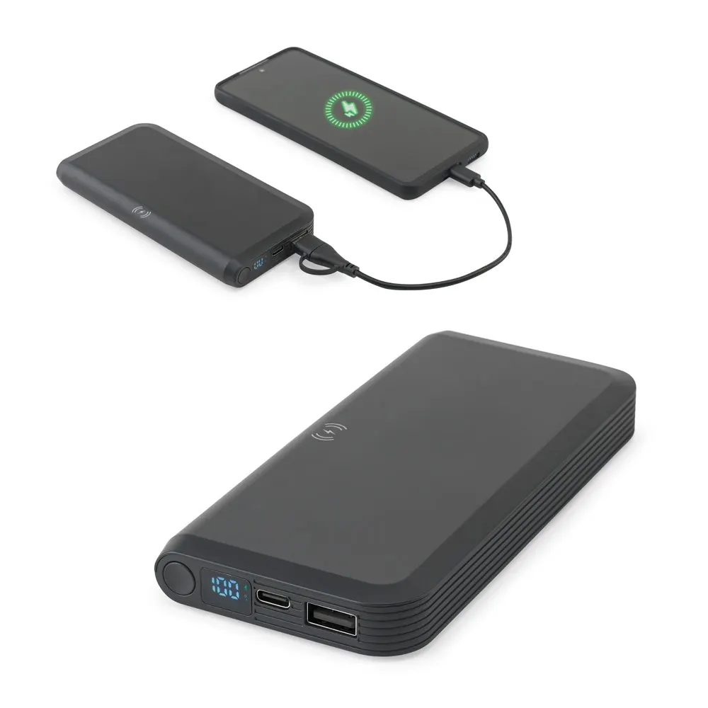 BECKER 10. Batería externa de 10 000 mAh en ABS reciclado (100 % rABS) con cargador inalámbrico ultrarrápido de 15 W