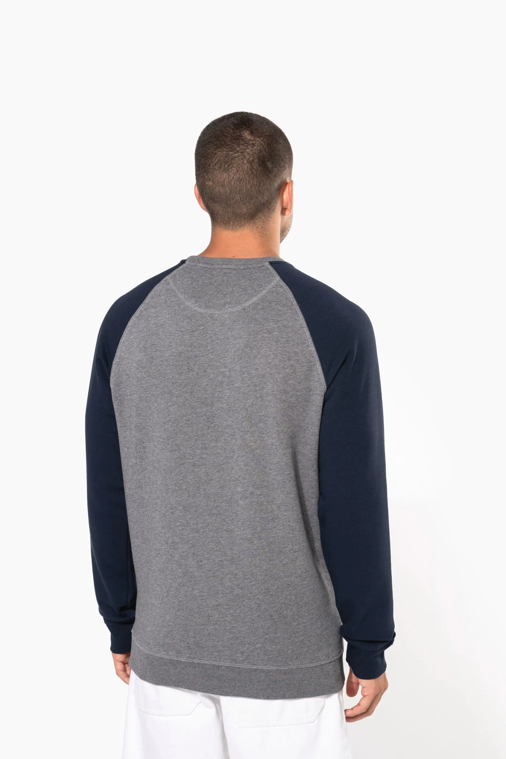 Sudadera bicolor algodón orgánico French Terry cuello redondo mangas raglan hombre