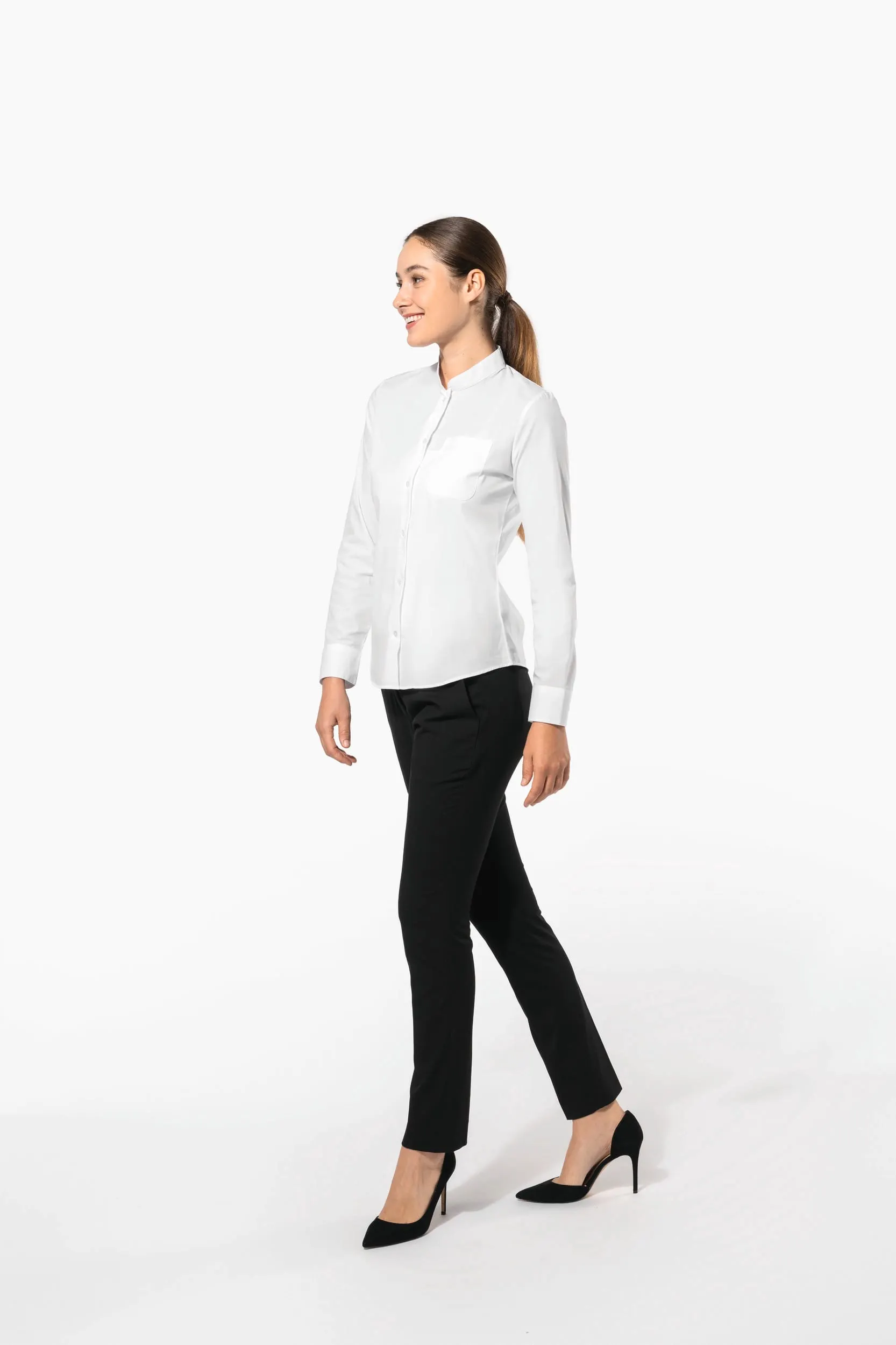 Camisa cuello mao manga larga mujer