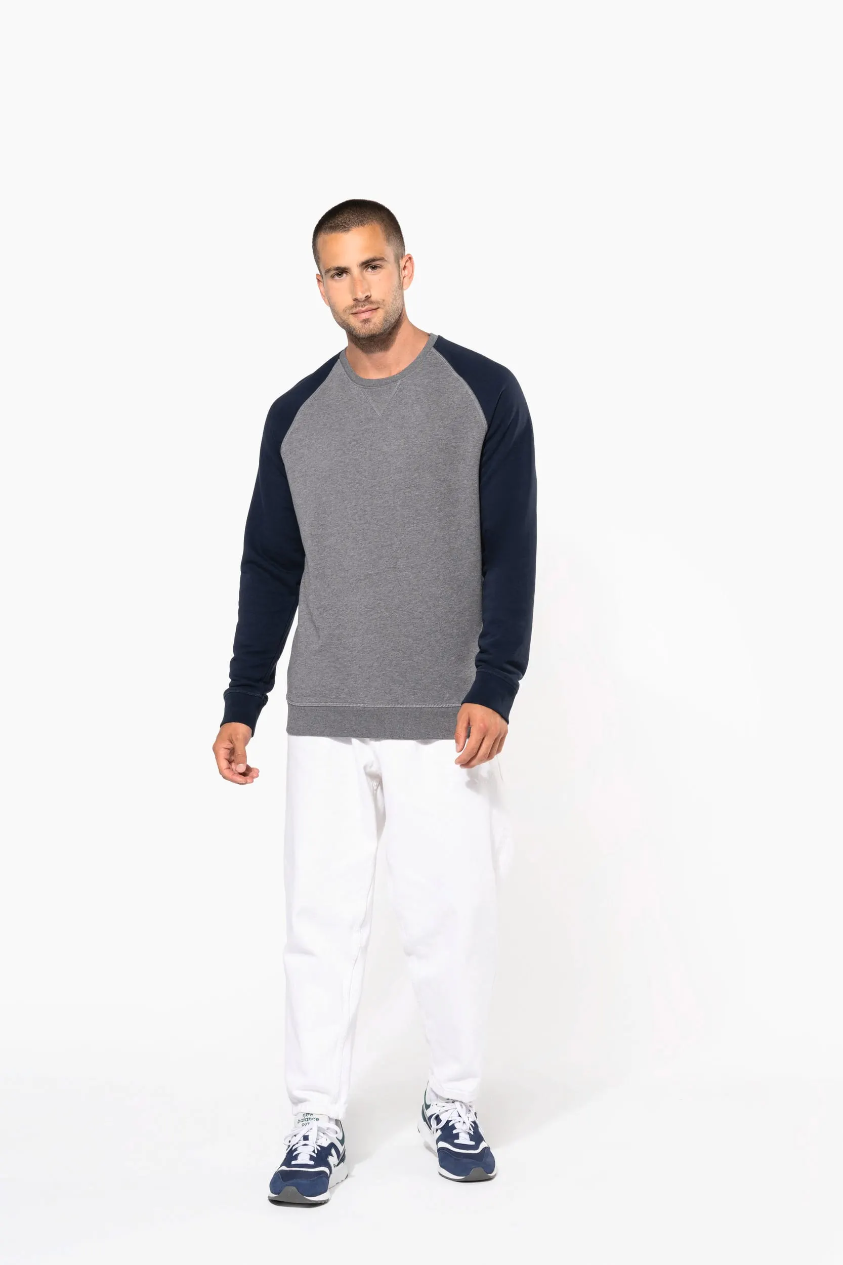 Sudadera bicolor algodón orgánico French Terry cuello redondo mangas raglan hombre