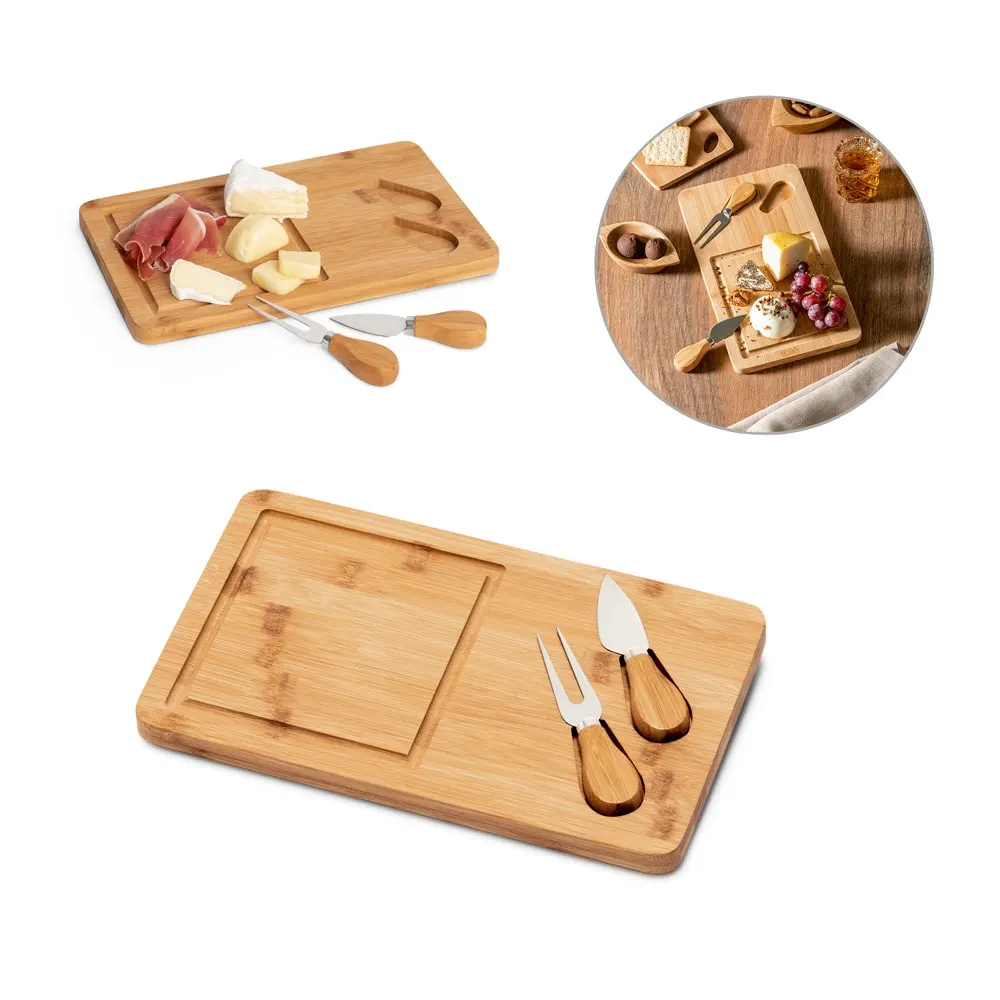 WOODS. Tabla de quesos de bambú. Incluye 2 utensilios fabricados en bambú y acero inoxidable