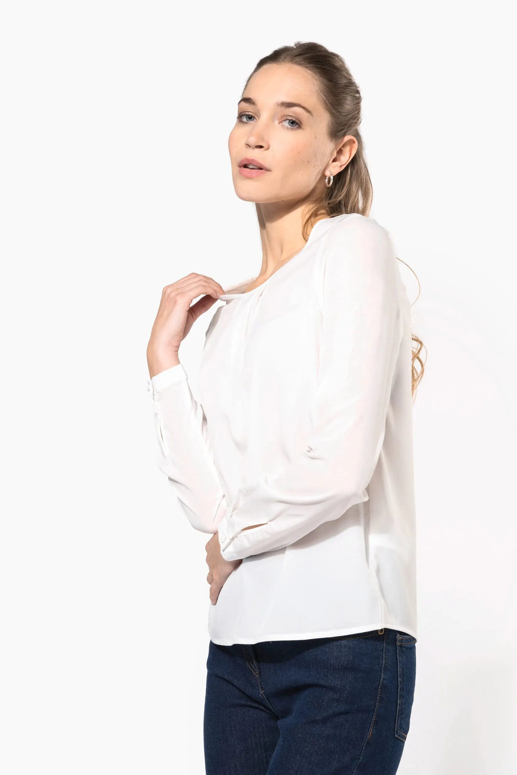 Blusa crepe manga larga mujer