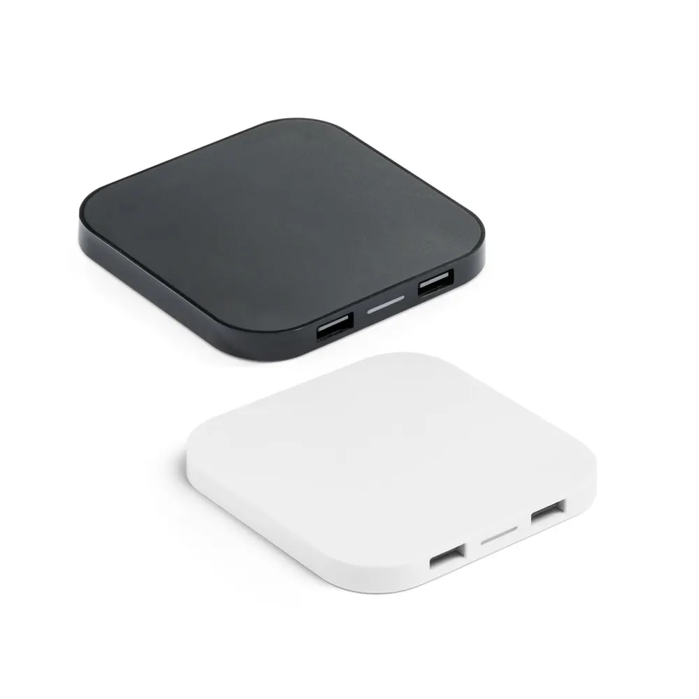 CAROLINE. Cargador inalámbrico superrápido de 15W con HUB 2 puertos USB-A, fabricado en ABS reciclado (60% rABS)