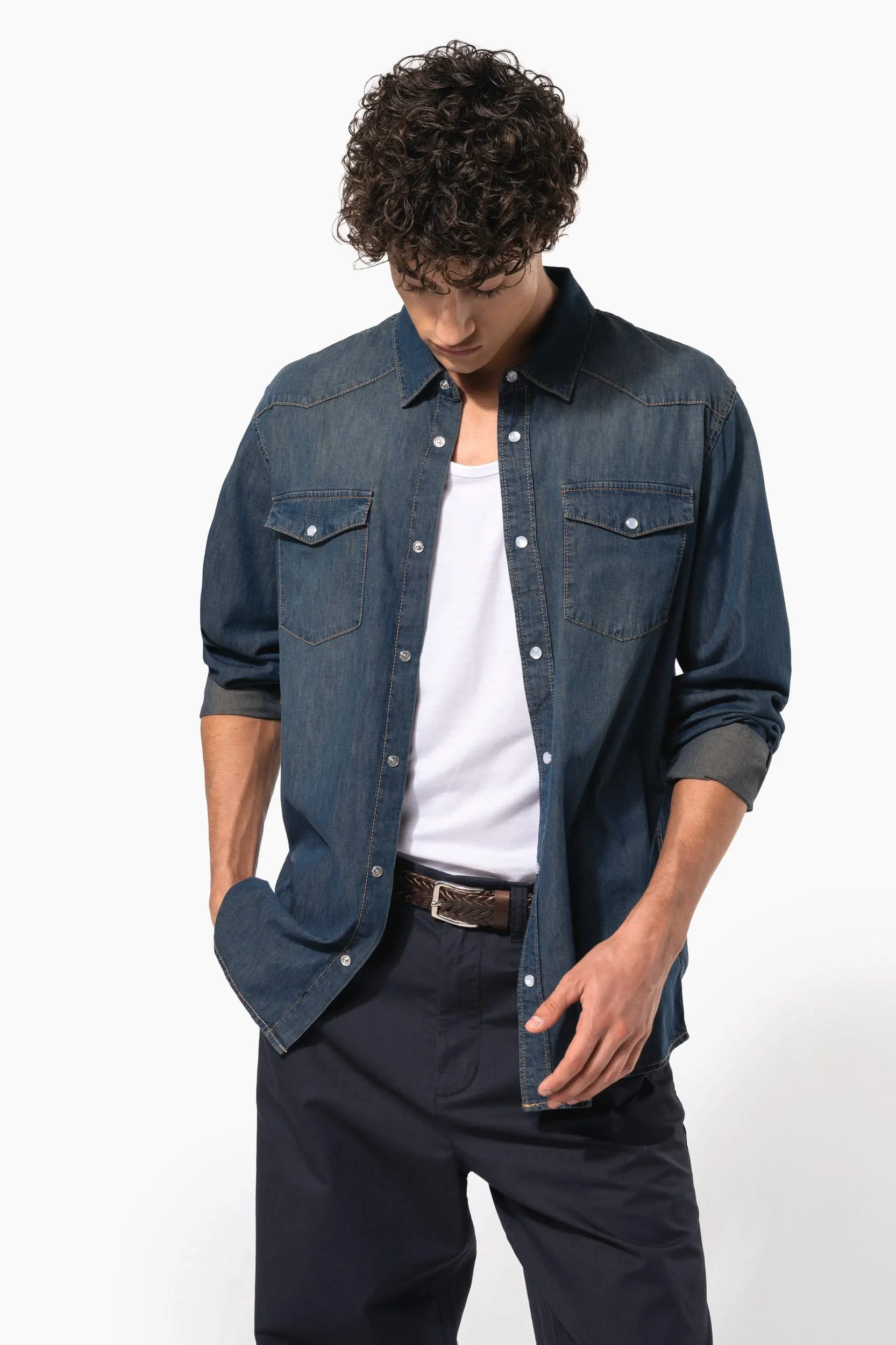 Camisa denim manga larga hombre