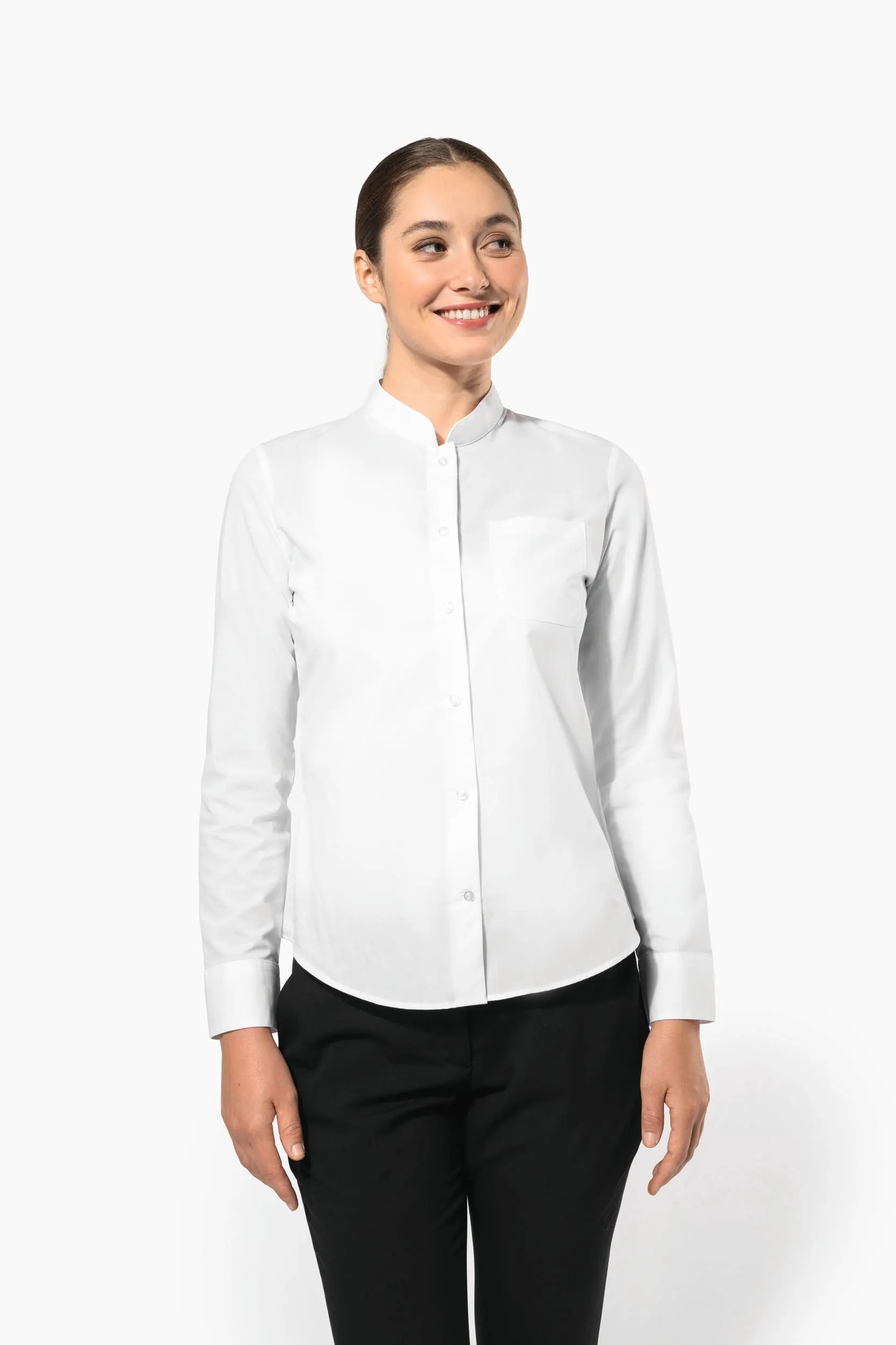 Camisa cuello mao manga larga mujer