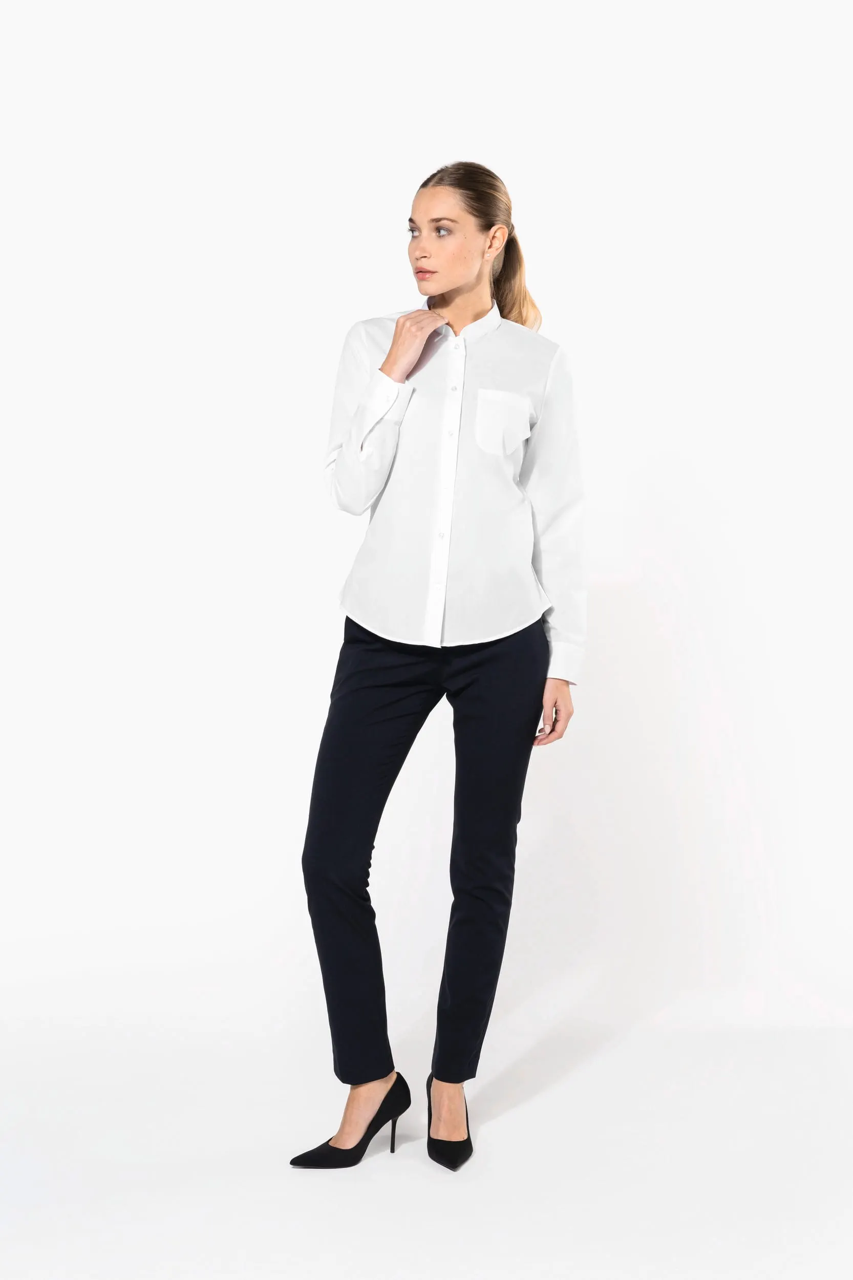 Camisa cuello mao manga larga mujer