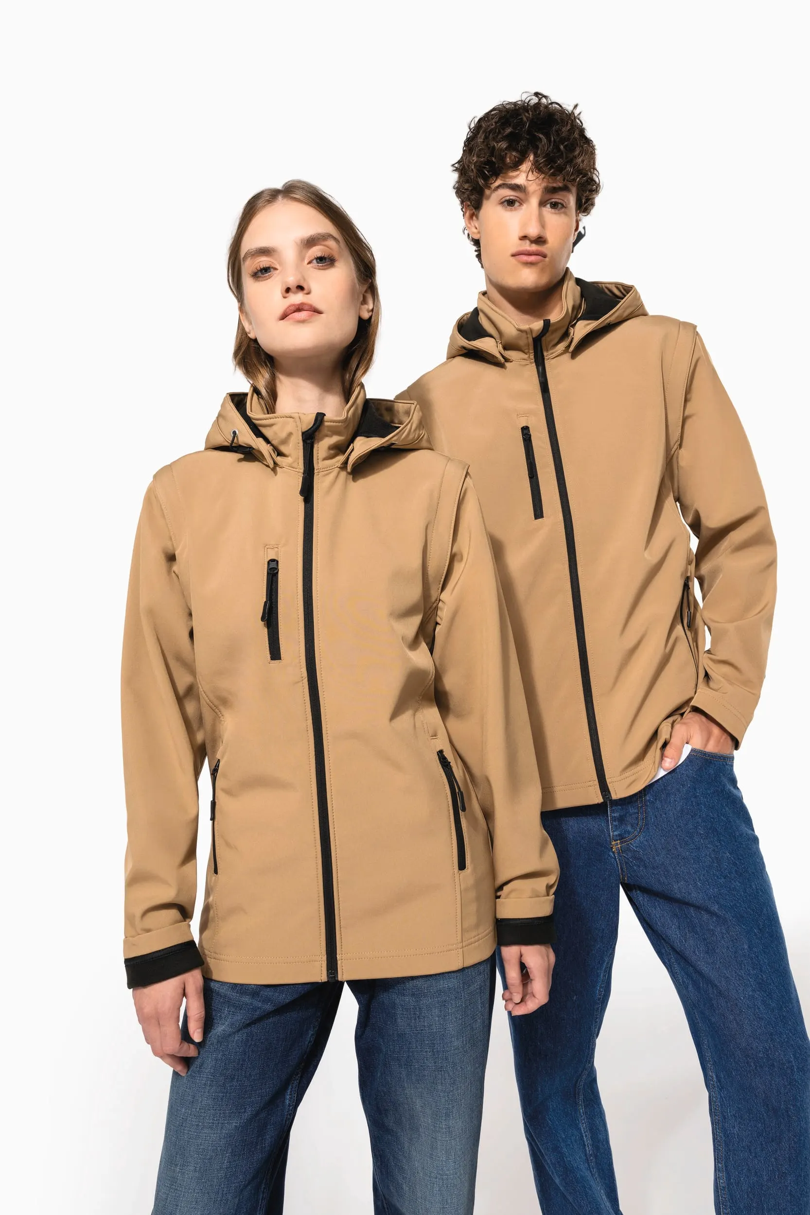 Chaquetas softshell 3 capas con capucha y mangas extraíbles unisex