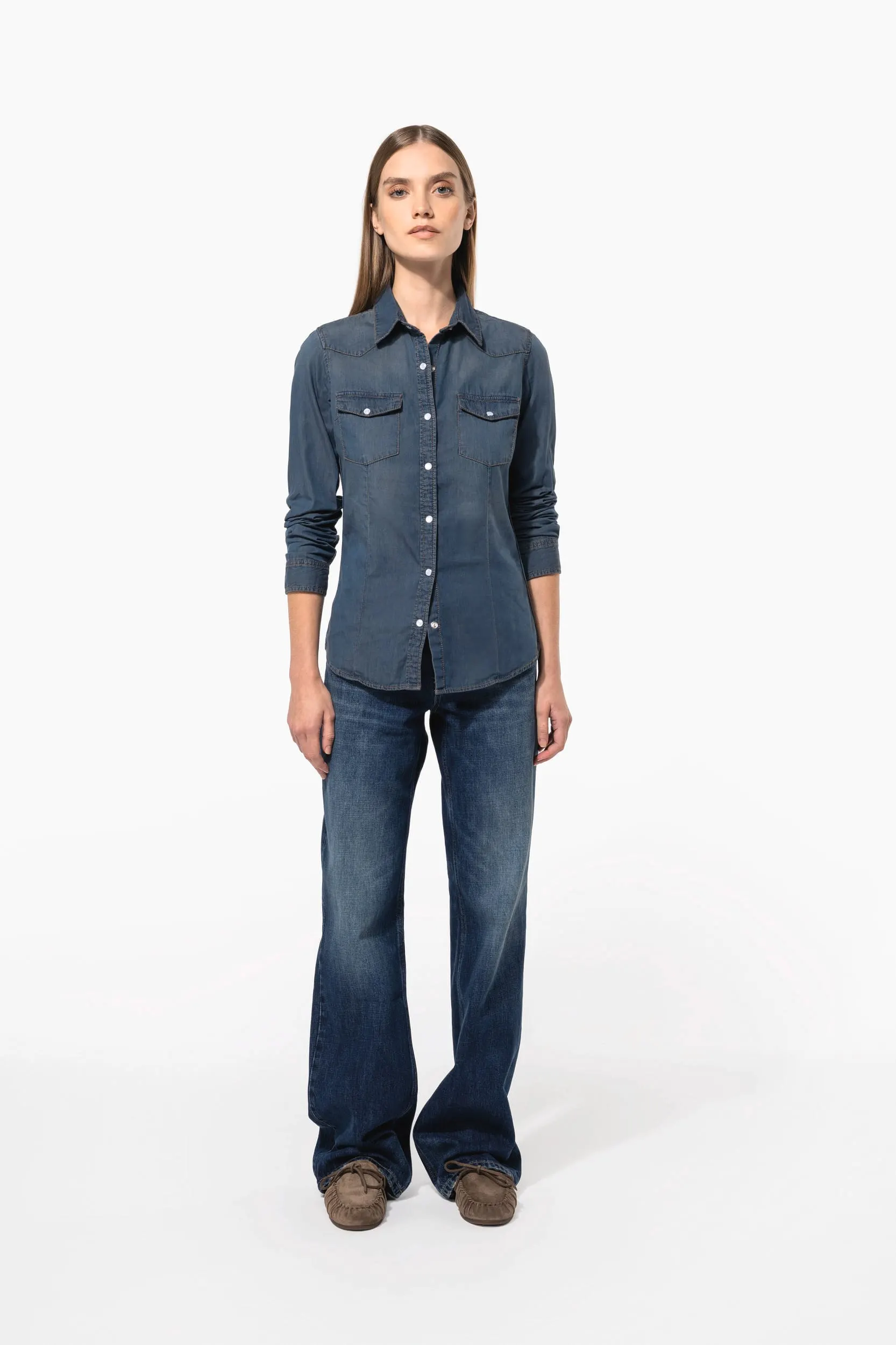 Camisa denim manga larga mujer